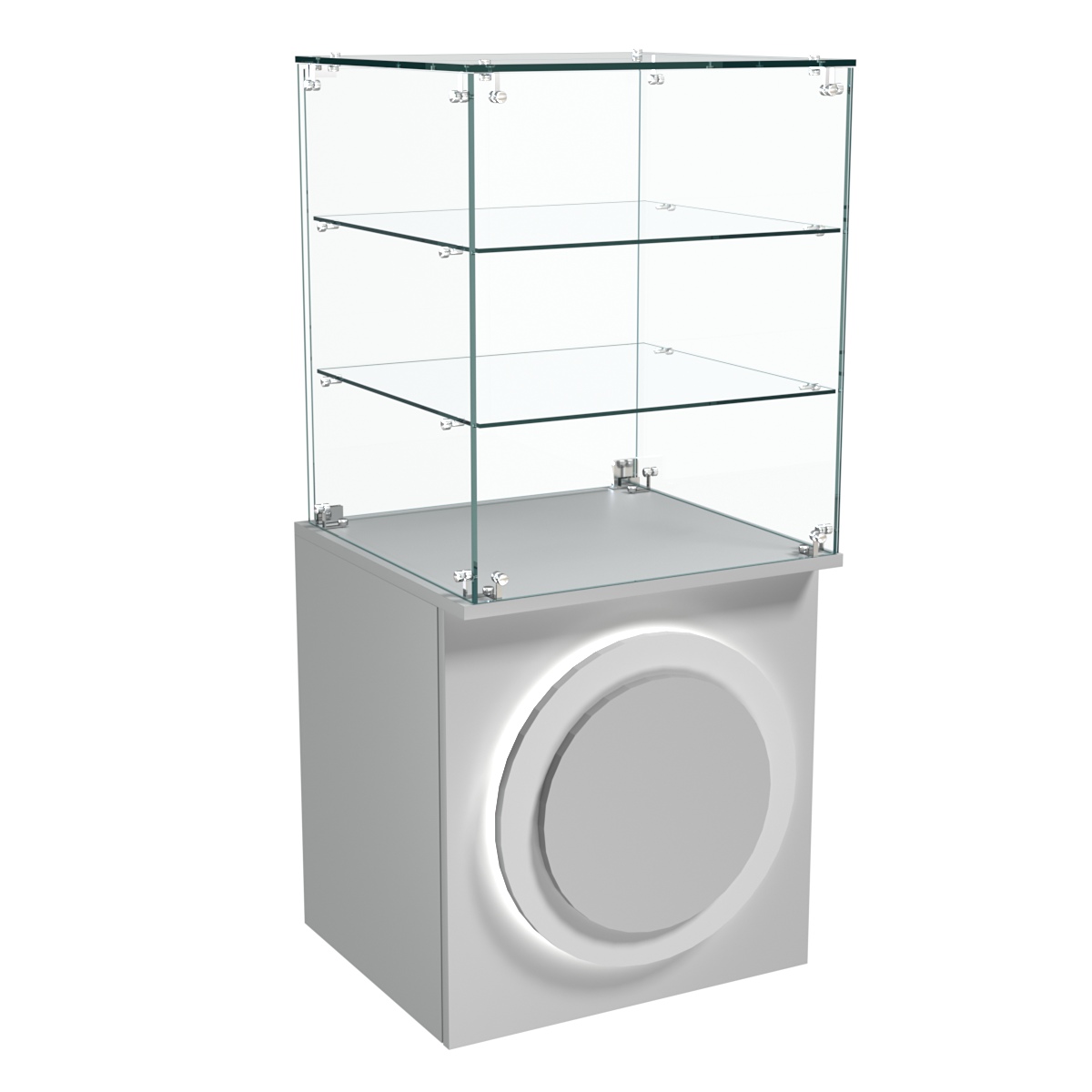 Торговый прилавок квадратный с декоративной накладкой и стеклянными полками серии КРУГ №42 Серый