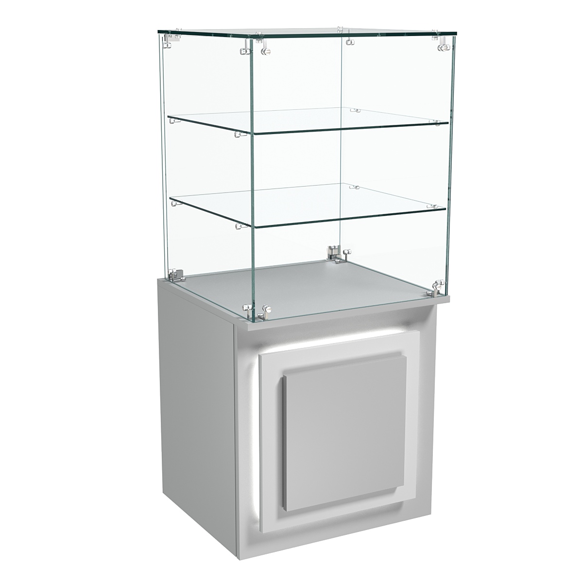 Торговый прилавок квадратный с декоративной накладкой и стеклянными полками серии КВАДРАТ №42 Серый