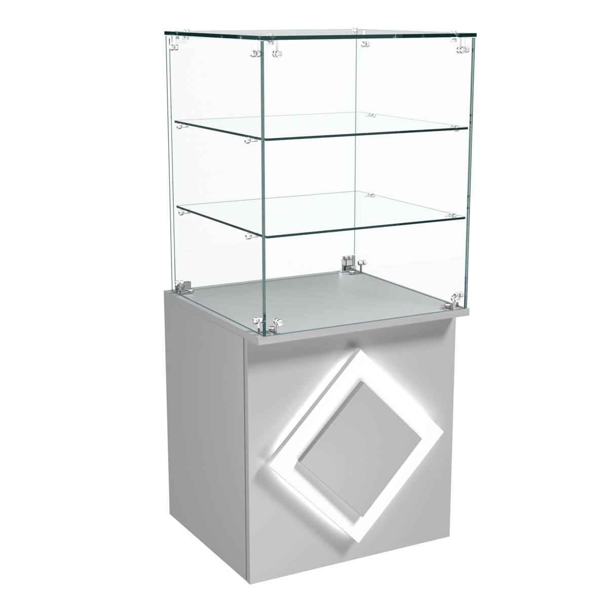 Торговый прилавок квадратный с декоративной накладкой и стеклянными полками серии РОМБ №42 Серый