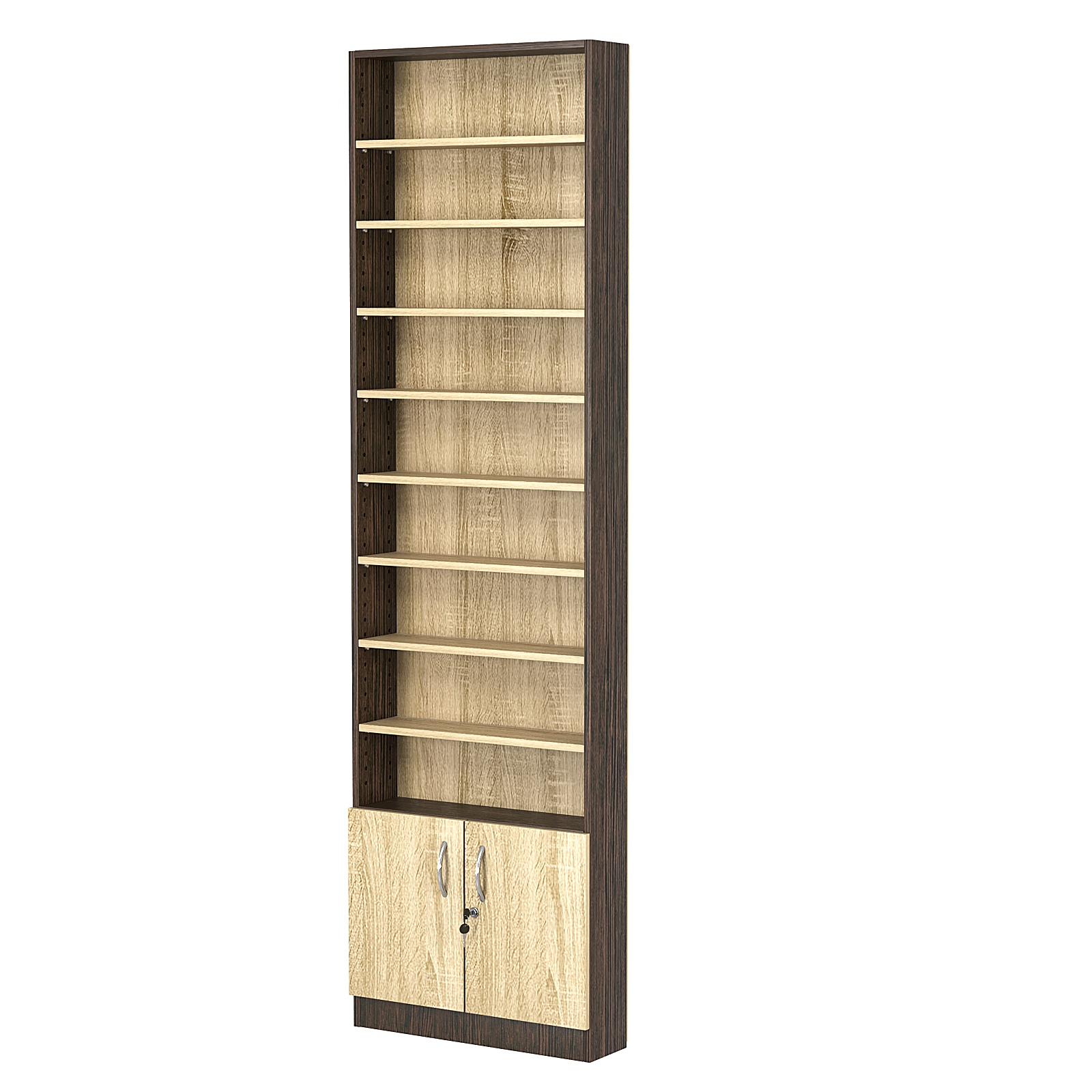 Стеллаж из ДСП с 8-ю полками 150x600 мм серии LEVEL-8 №2 (З/C - ДВП) Дуб Венге + Дуб Сонома