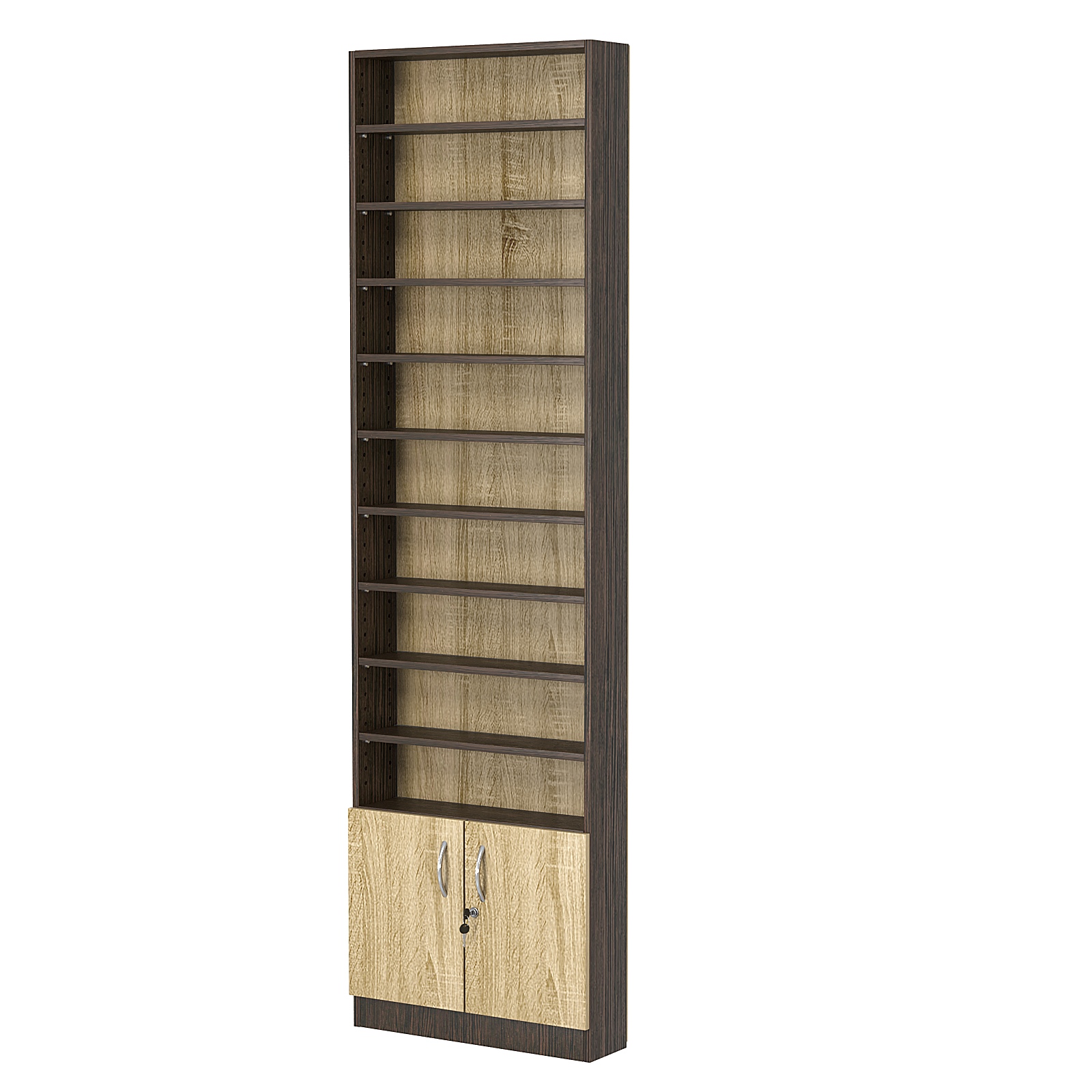 Стеллаж из ДСП с 9-ю полками 150x600 мм серии LEVEL-9 №2 (З/C - ДВП) Дуб Венге + Дуб Сонома
