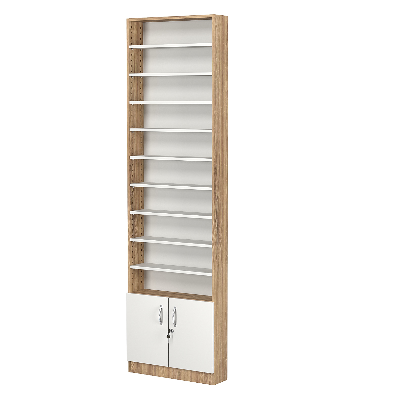 Стеллаж из ДСП с 9-ю полками 150x600 мм серии LEVEL-9 №2 (З/C - ДВП) Дуб Канзас коричневый + Белый