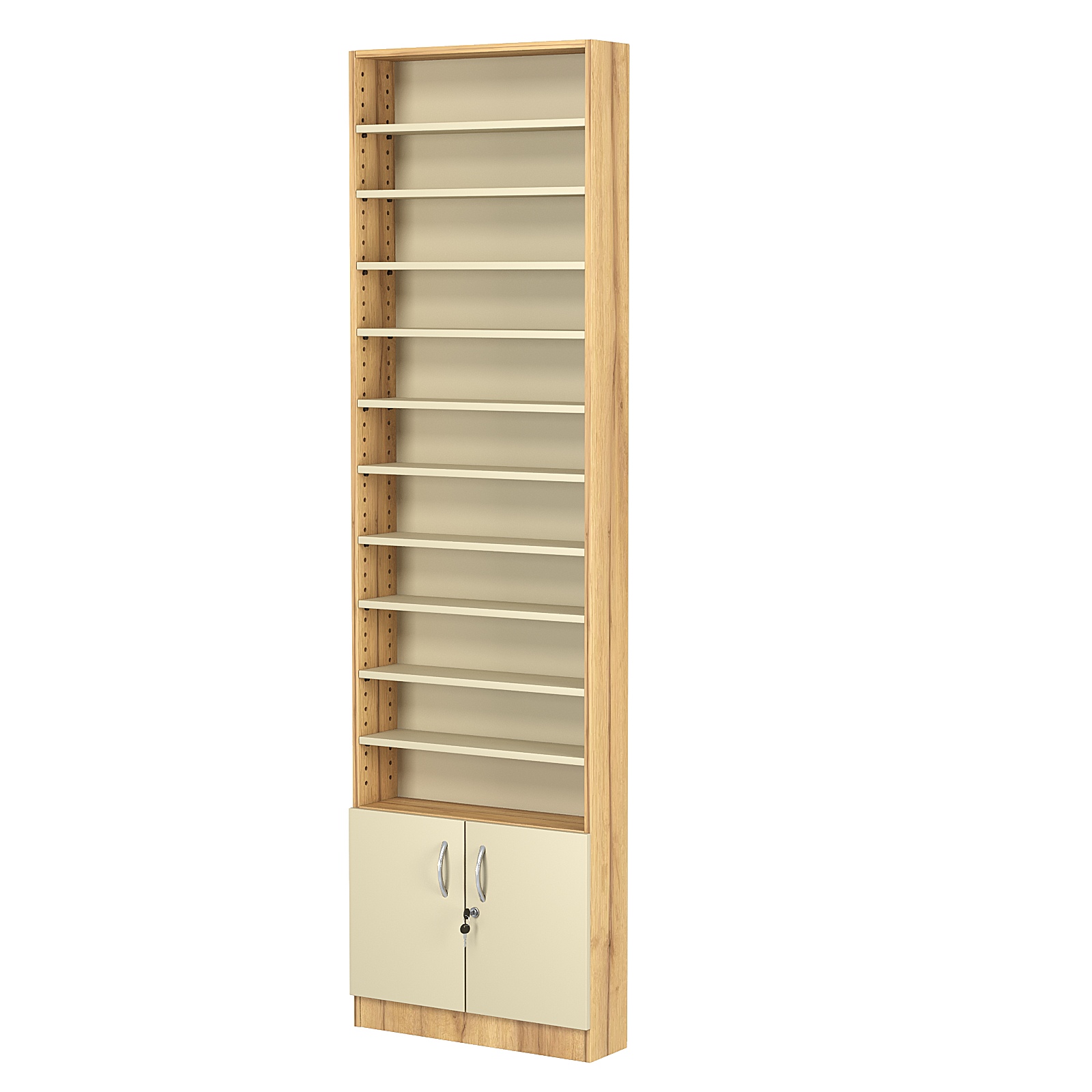 Стеллаж из ДСП с 10-ю полками 150x600 мм серии LEVEL-10 №2 (З/C - ДВП) Дуб Золотистый и Крем Вайс