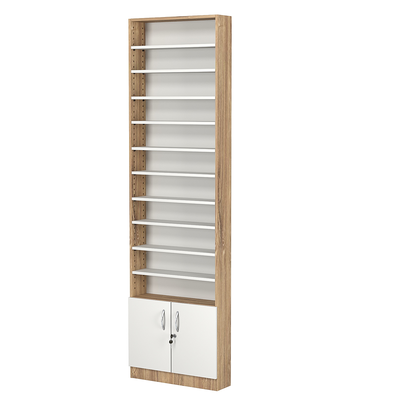 Стеллаж из ДСП с 10-ю полками 150x600 мм серии LEVEL-10 №2 (З/C - ДВП) Дуб Канзас коричневый + Белый