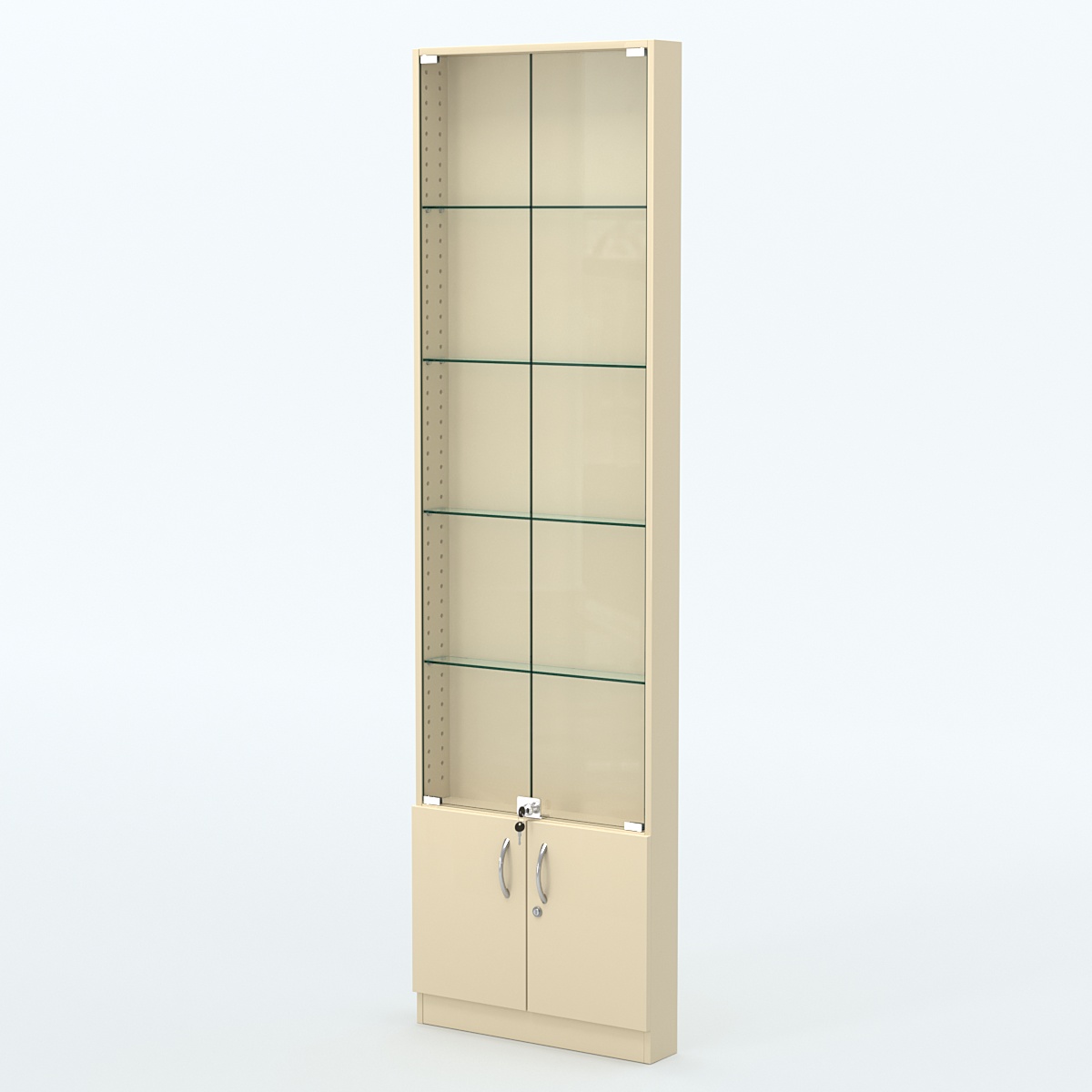 Торговая витрина с 4-мя стеклянными полками 100x600 мм серии NEXT-4 №1 (З/C - ДВП) Крем Вайс