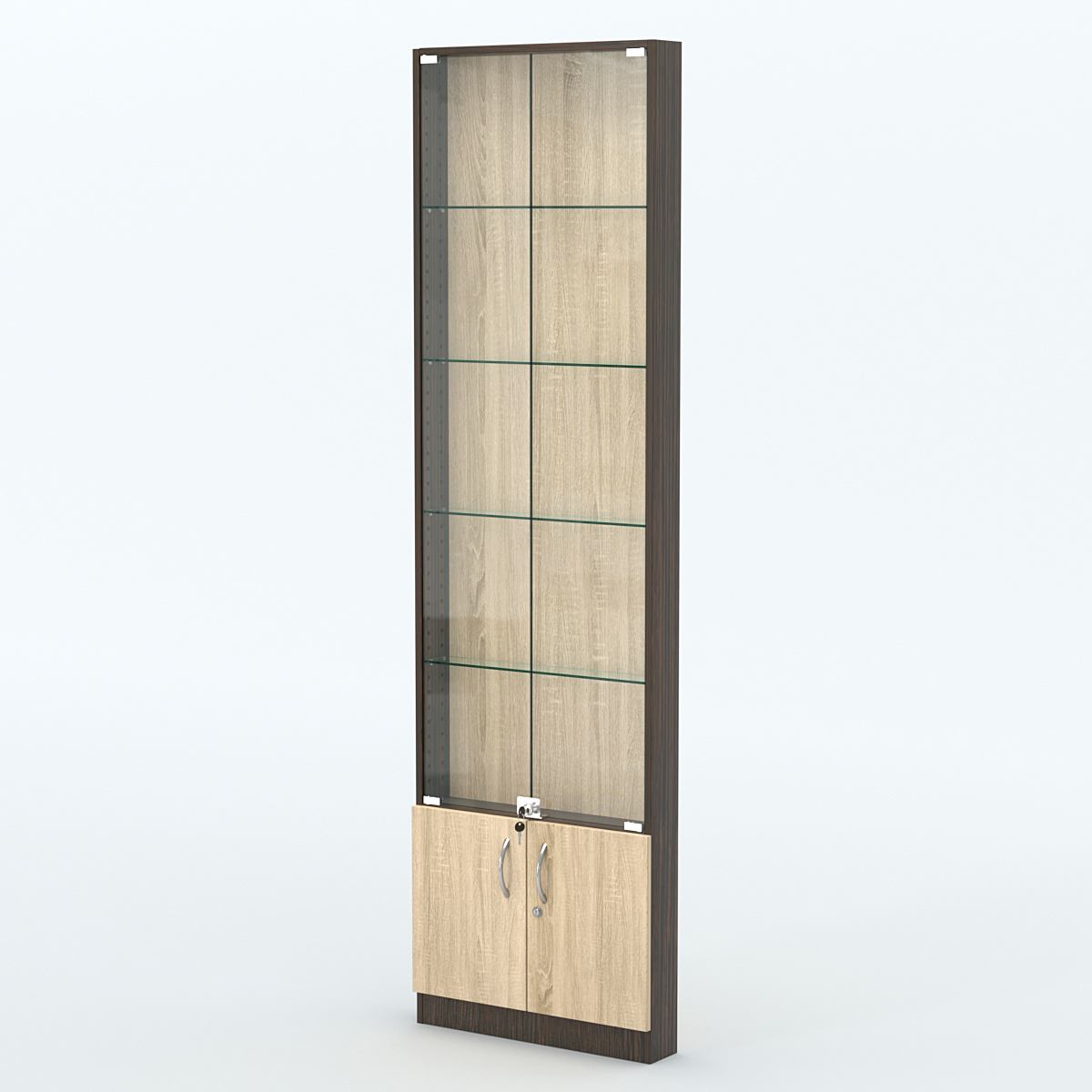 Торговая витрина с 4-мя стеклянными полками 100x600 мм серии NEXT-4 №1 (З/C - ДВП) Дуб Венге + Дуб Сонома