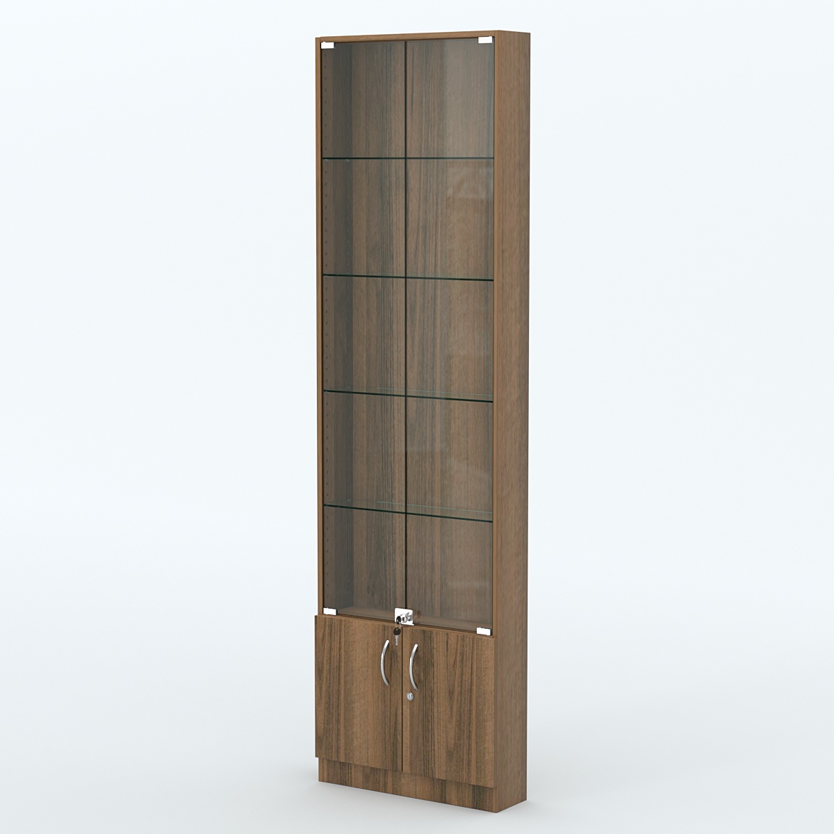 Торговая витрина с 4-мя стеклянными полками 150x600 мм серии NEXT-4 №2 (З/C - ДВП) Орех