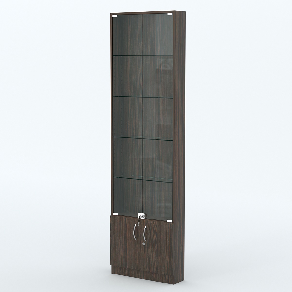 Торговая витрина с 4-мя стеклянными полками 150x600 мм серии NEXT-4 №2 (З/C - ДВП) Дуб Венге