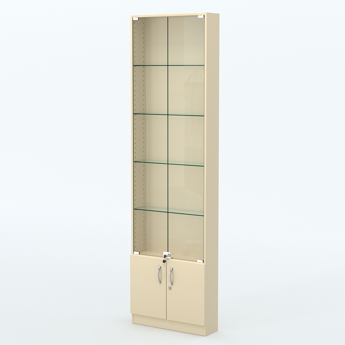 Торговая витрина с 4-мя стеклянными полками 150x600 мм серии NEXT-4 №2 (З/C - ДВП) Крем Вайс