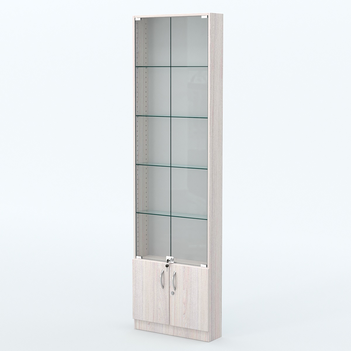 Торговая витрина с 4-мя стеклянными полками 150x600 мм серии NEXT-4 №2 (З/C - ДВП) Ясень Анкор светлый