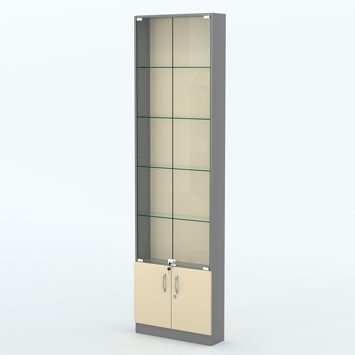 Торговая витрина с 4-мя стеклянными полками 150x600 мм серии NEXT-4 №2 (З/C - ДВП) Темно-серый + Крем Вайс