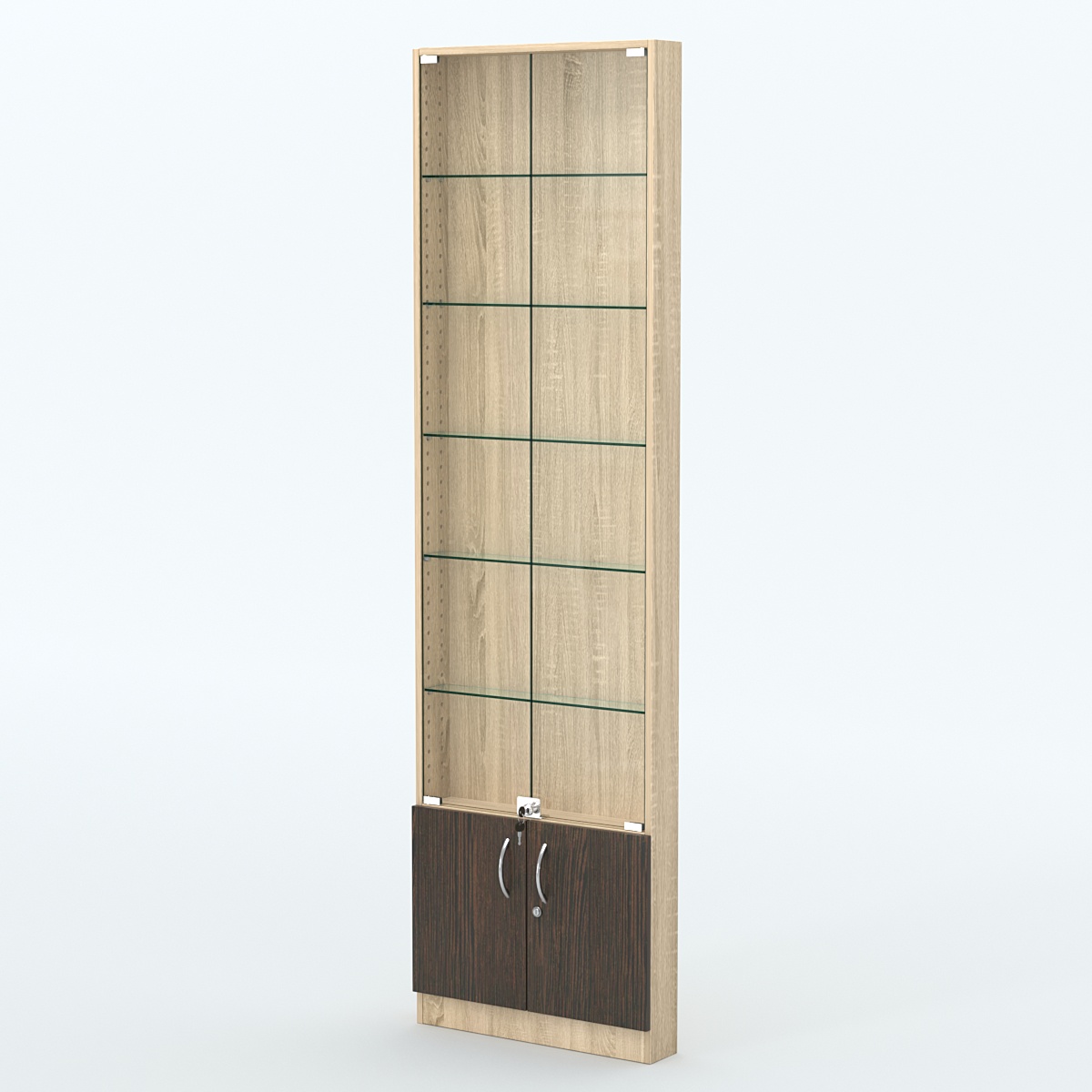 Торговая витрина с 5-ю стеклянными полками 100x600 мм серии NEXT-5 №1 (З/C - ДВП) Дуб Сонома + Дуб Венге