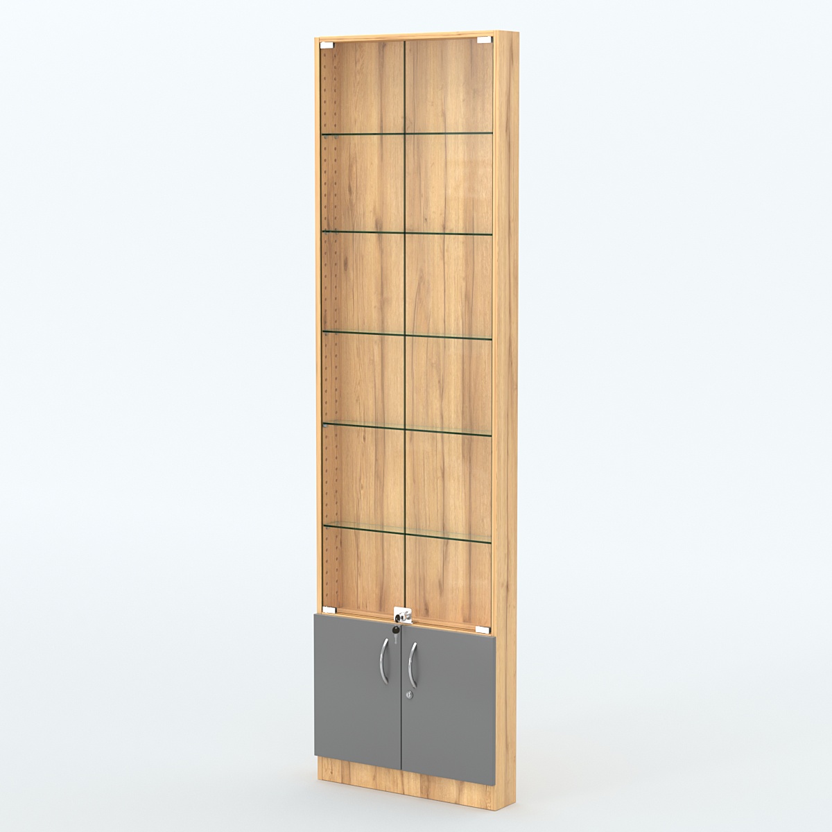 Торговая витрина с 5-ю стеклянными полками 100x600 мм серии NEXT-5 №1 (З/C - ДВП) Дуб Золотистый и Темно-Серый