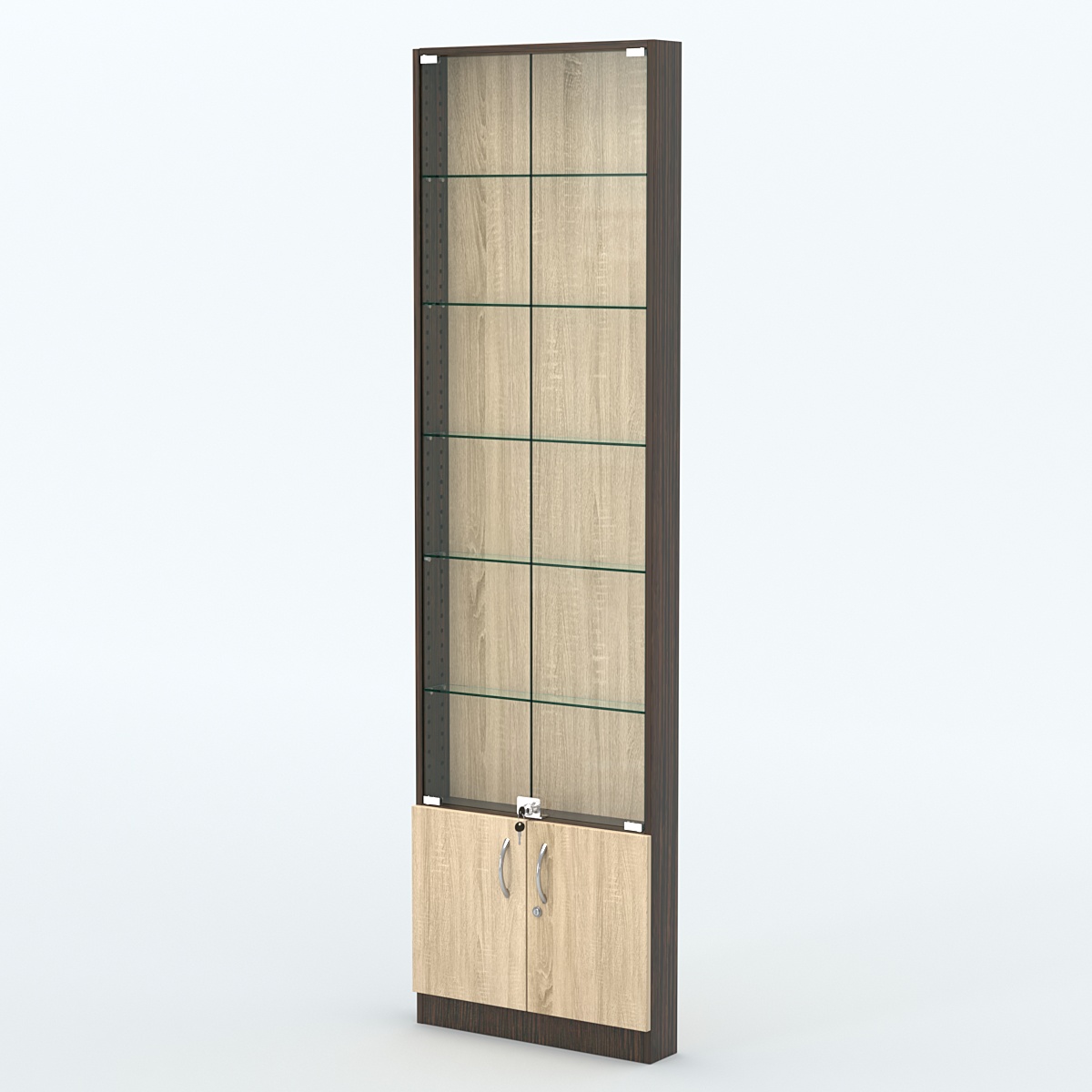 Торговая витрина с 5-ю стеклянными полками 100x600 мм серии NEXT-5 №1 (З/C - ДВП) Дуб Венге + Дуб Сонома