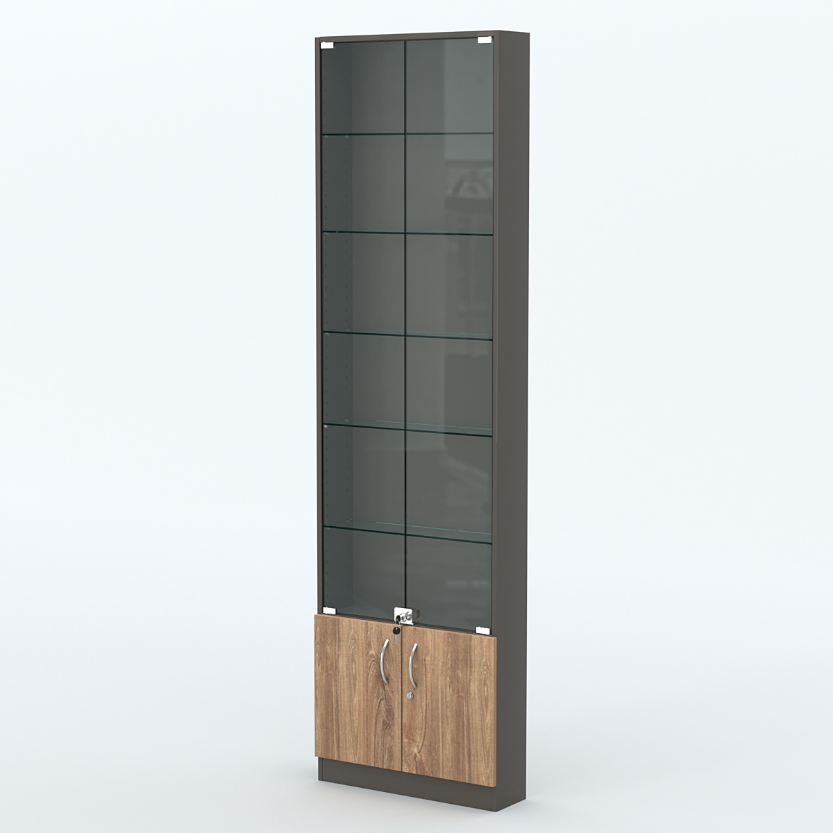 Торговая витрина с 5-ю стеклянными полками 150x600 мм серии NEXT-5 №2 (З/C - ДВП) Черный + Дуб Канзас Коричневый