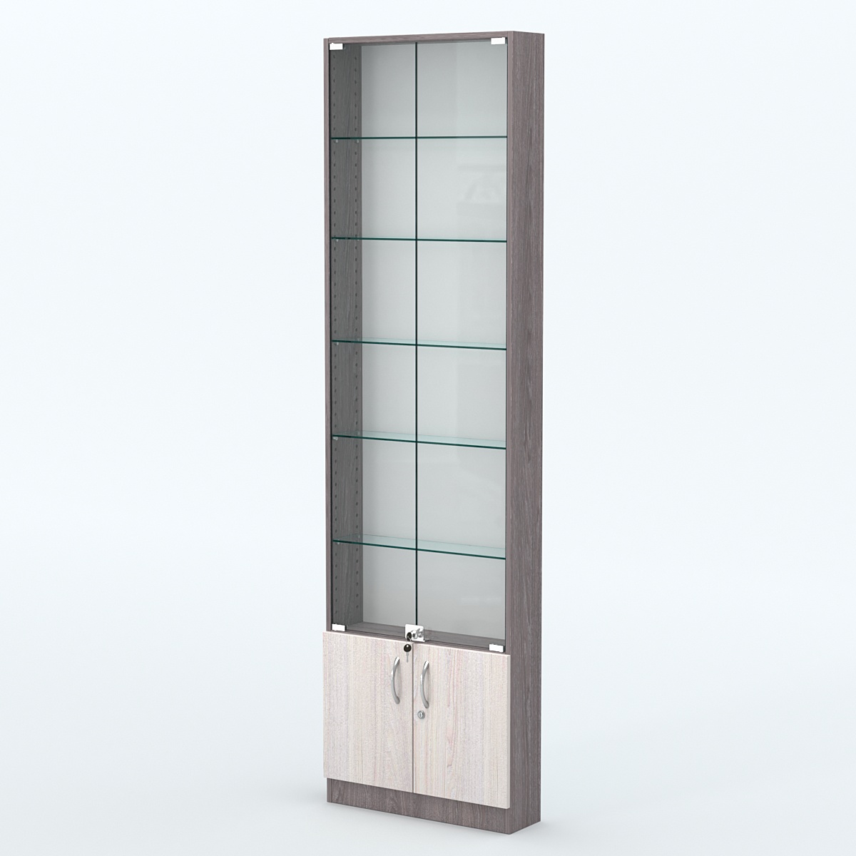 Торговая витрина с 5-ю стеклянными полками 150x600 мм серии NEXT-5 №2 (З/C - ДВП) Ясень Анкор темный + Ясень Анкор светлый