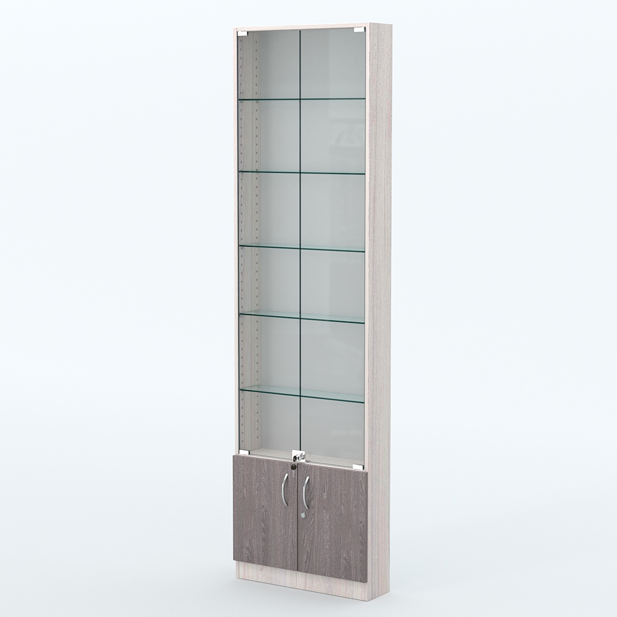 Торговая витрина с 5-ю стеклянными полками 150x600 мм серии NEXT-5 №2 (З/C - ДВП) Ясень Анкор светлый + Ясень Анкор темный