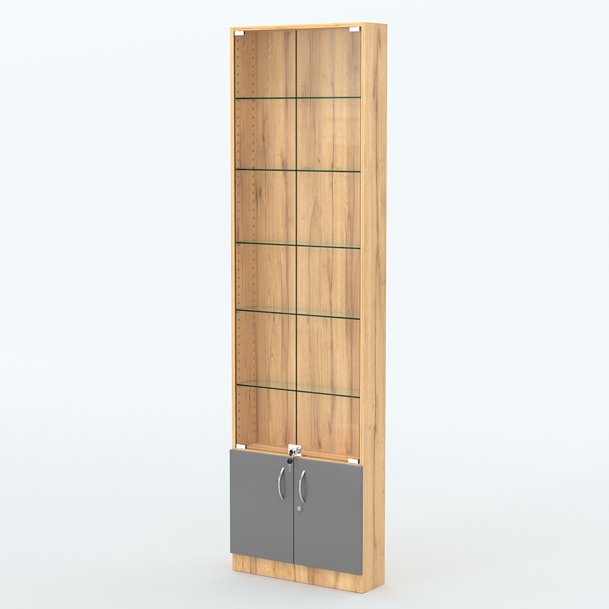 Торговая витрина с 5-ю стеклянными полками 150x600 мм серии NEXT-5 №2 (З/C - ДВП) Дуб Золотистый и Темно-Серый