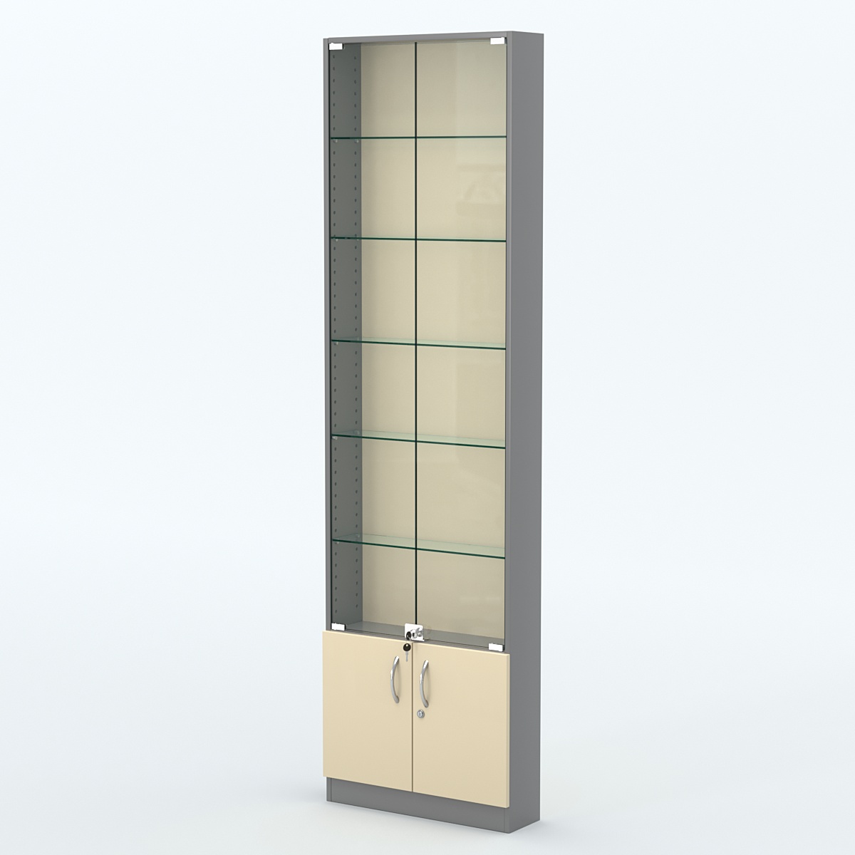 Торговая витрина с 5-ю стеклянными полками 150x600 мм серии NEXT-5 №2 (З/C - ДВП) Темно-серый + Крем Вайс