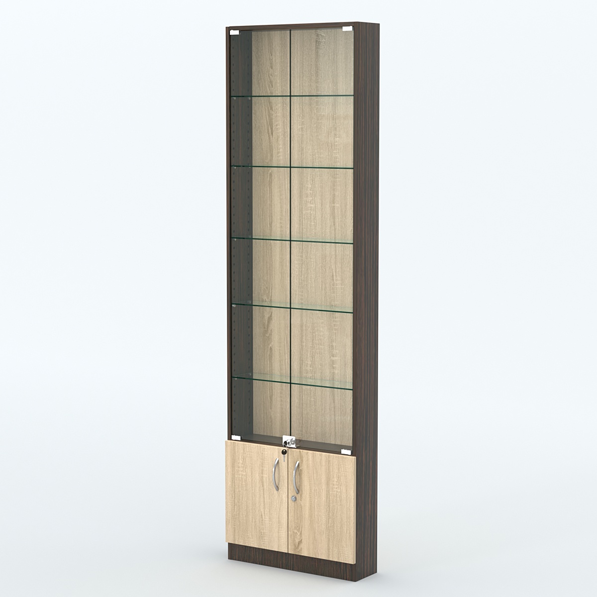 Торговая витрина с 5-ю стеклянными полками 150x600 мм серии NEXT-5 №2 (З/C - ДВП) Дуб Венге + Дуб Сонома