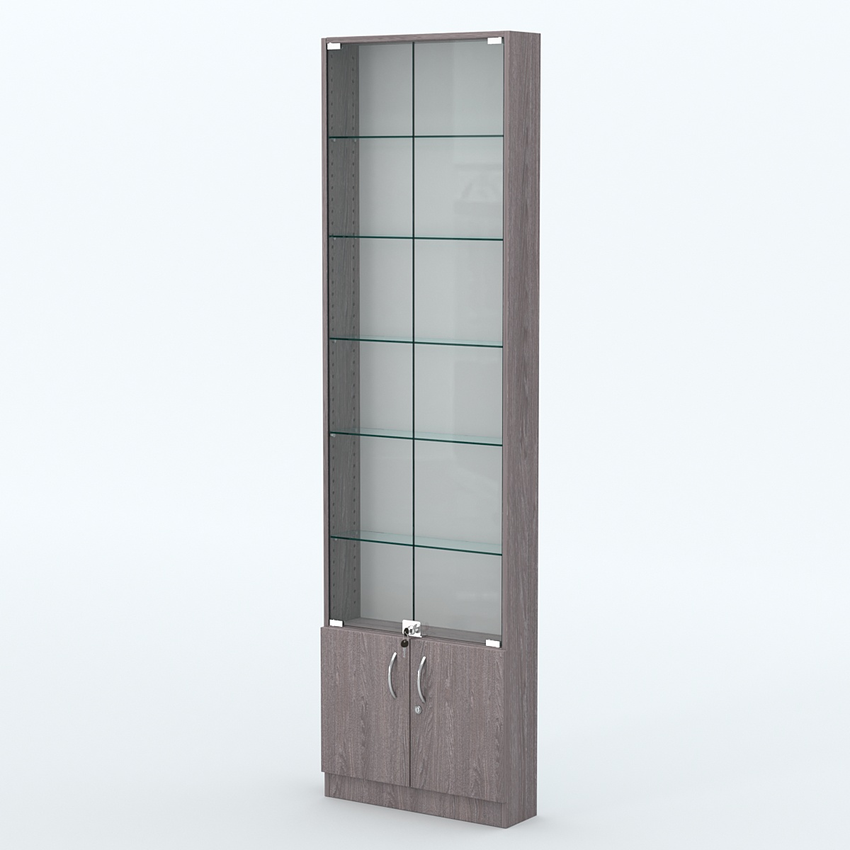 Торговая витрина с 5-ю стеклянными полками 150x600 мм серии NEXT-5 №2 (З/C - ДВП) Ясень Анкор темный