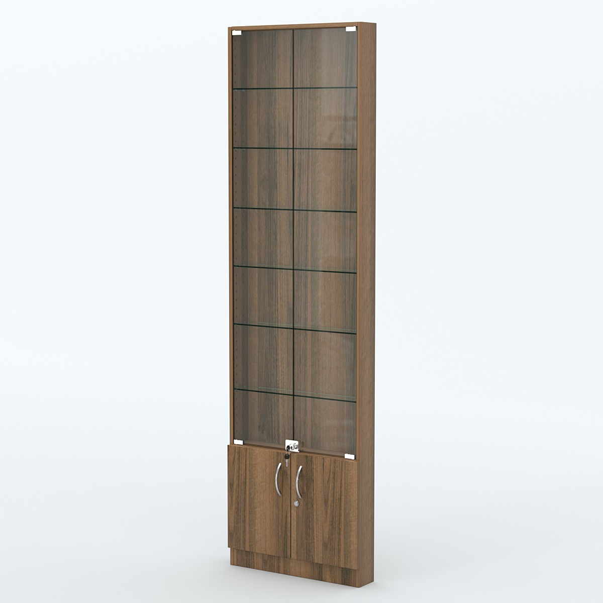 Торговая витрина с 6-ю стеклянными полками 100x600 мм серии NEXT-6 №1 (З/C - ДВП) Орех