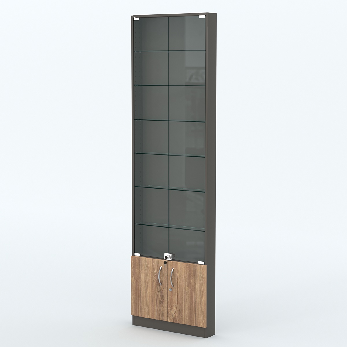 Торговая витрина с 6-ю стеклянными полками 100x600 мм серии NEXT-6 №1 (З/C - ДВП) Черный + Дуб Канзас Коричневый