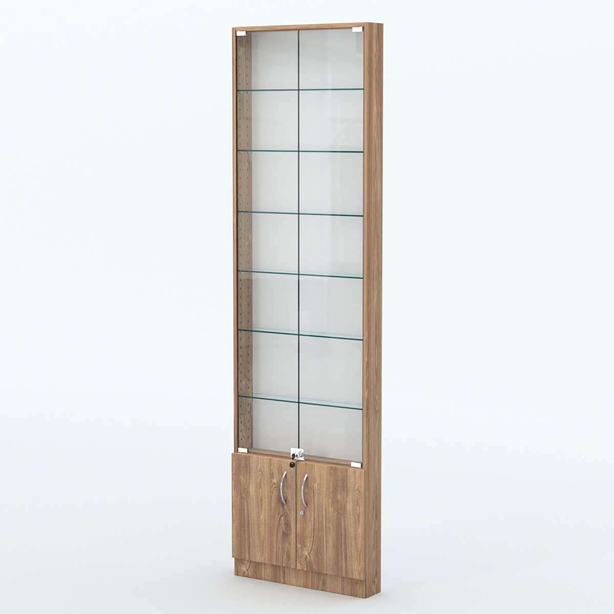 Торговая витрина с 6-ю стеклянными полками 100x600 мм серии NEXT-6 №1 (З/C - ДВП) Дуб Канзас коричневый