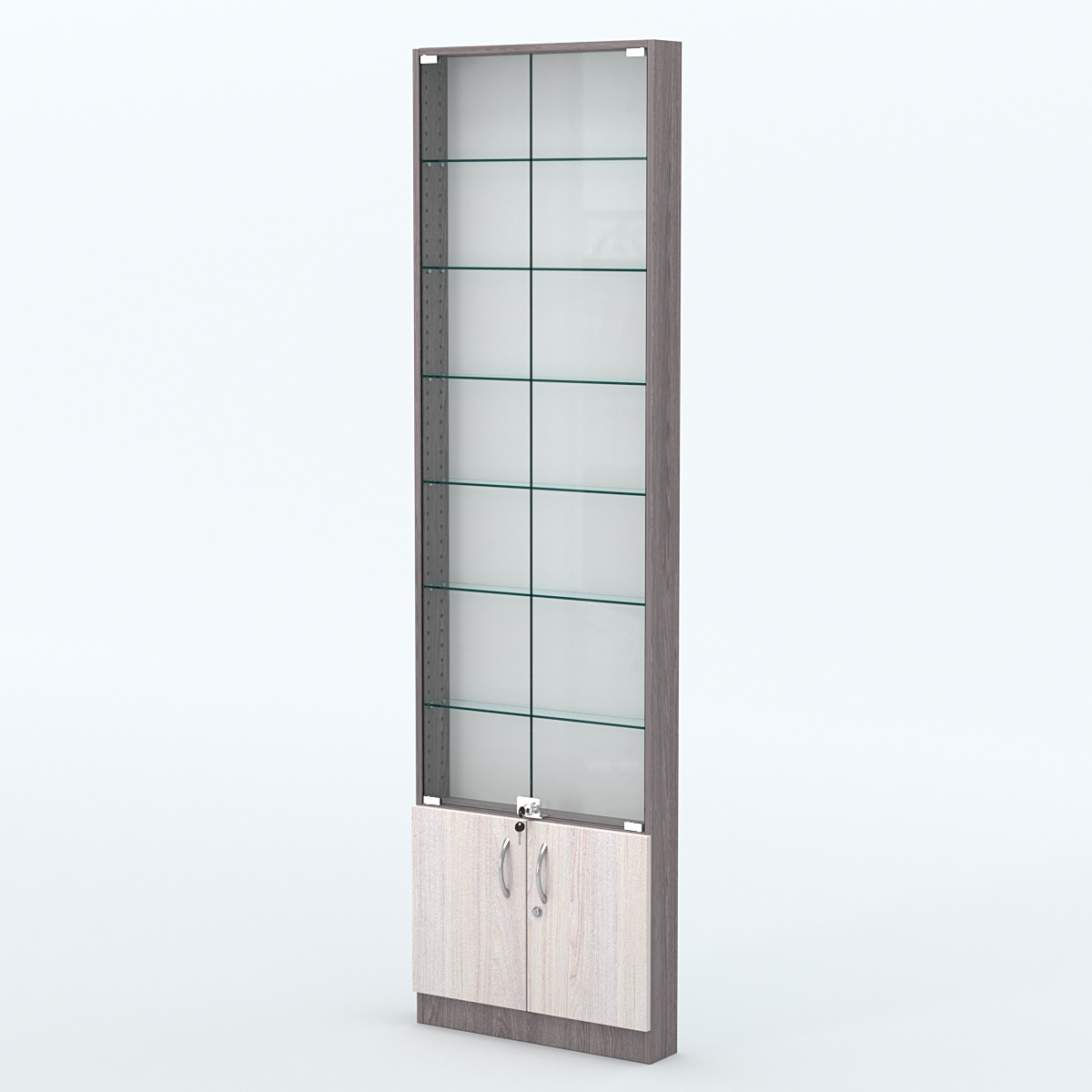 Торговая витрина с 6-ю стеклянными полками 100x600 мм серии NEXT-6 №1 (З/C - ДВП) Ясень Анкор темный + Ясень Анкор светлый