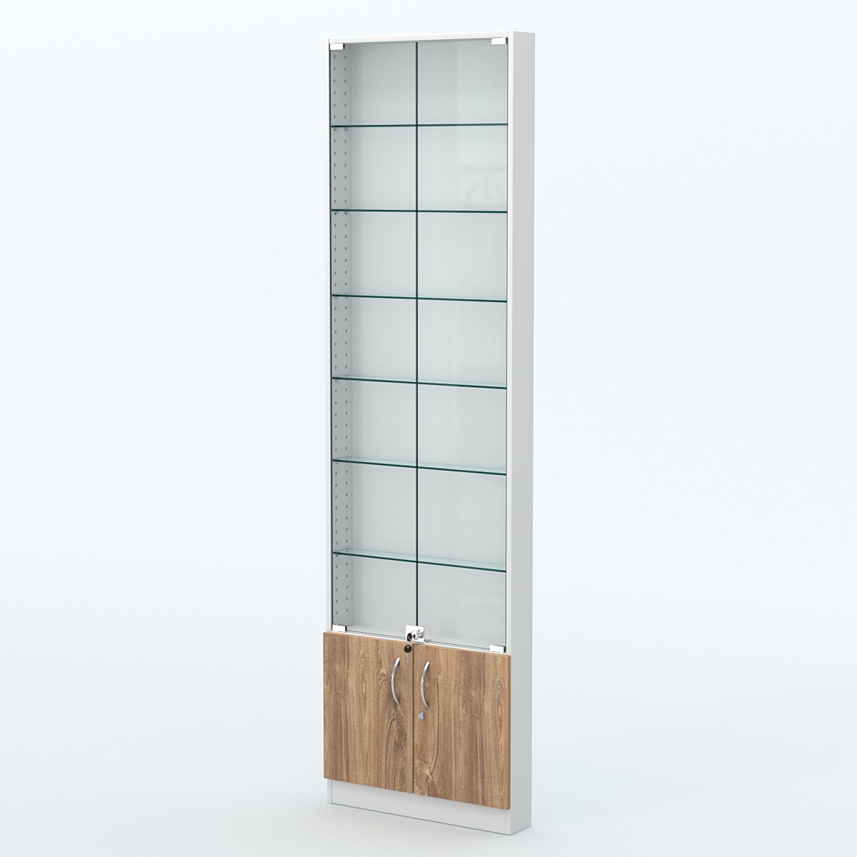 Торговая витрина с 6-ю стеклянными полками 100x600 мм серии NEXT-6 №1 (З/C - ДВП) Белый + Дуб канзас коричневый