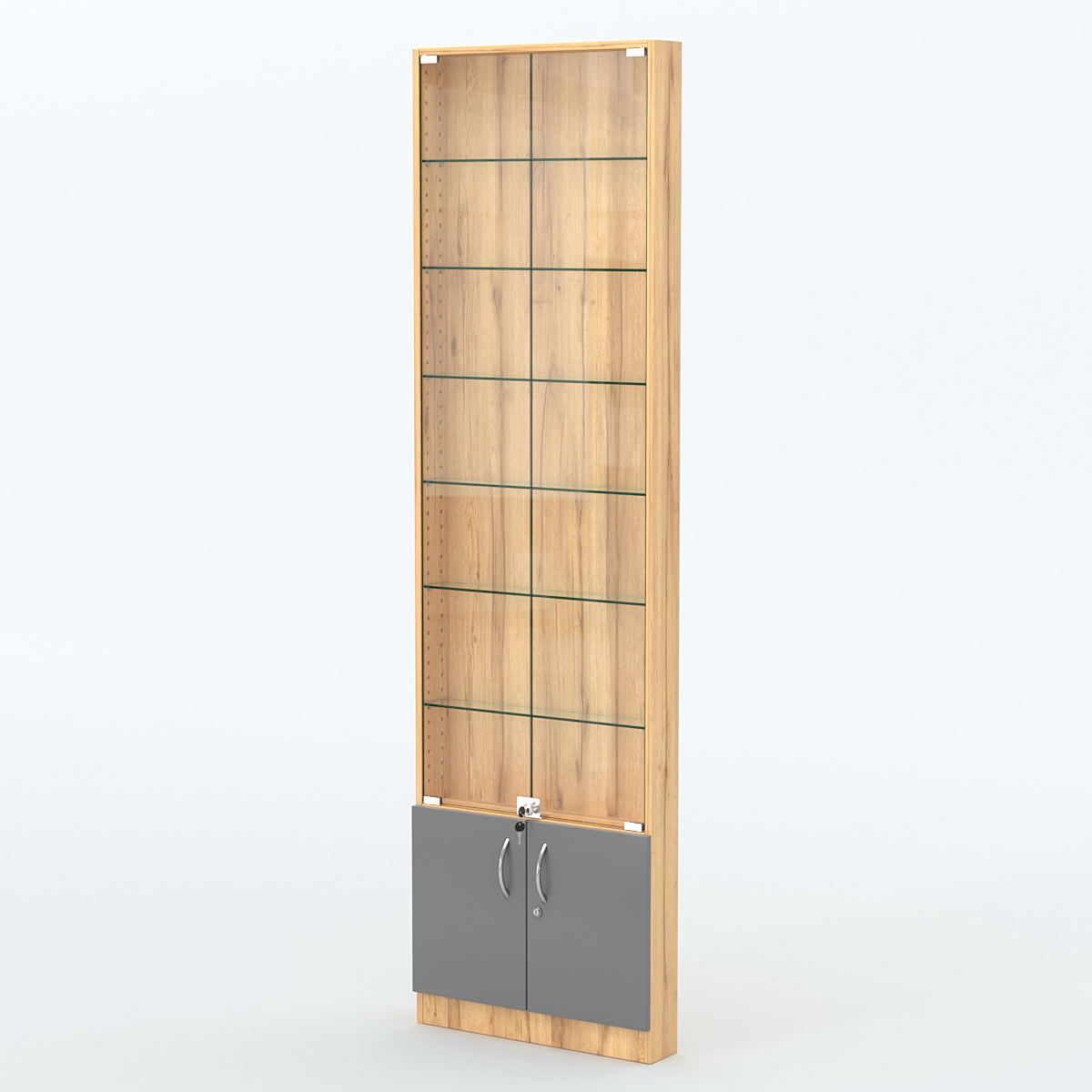 Торговая витрина с 6-ю стеклянными полками 100x600 мм серии NEXT-6 №1 (З/C - ДВП) Дуб Золотистый и Темно-Серый