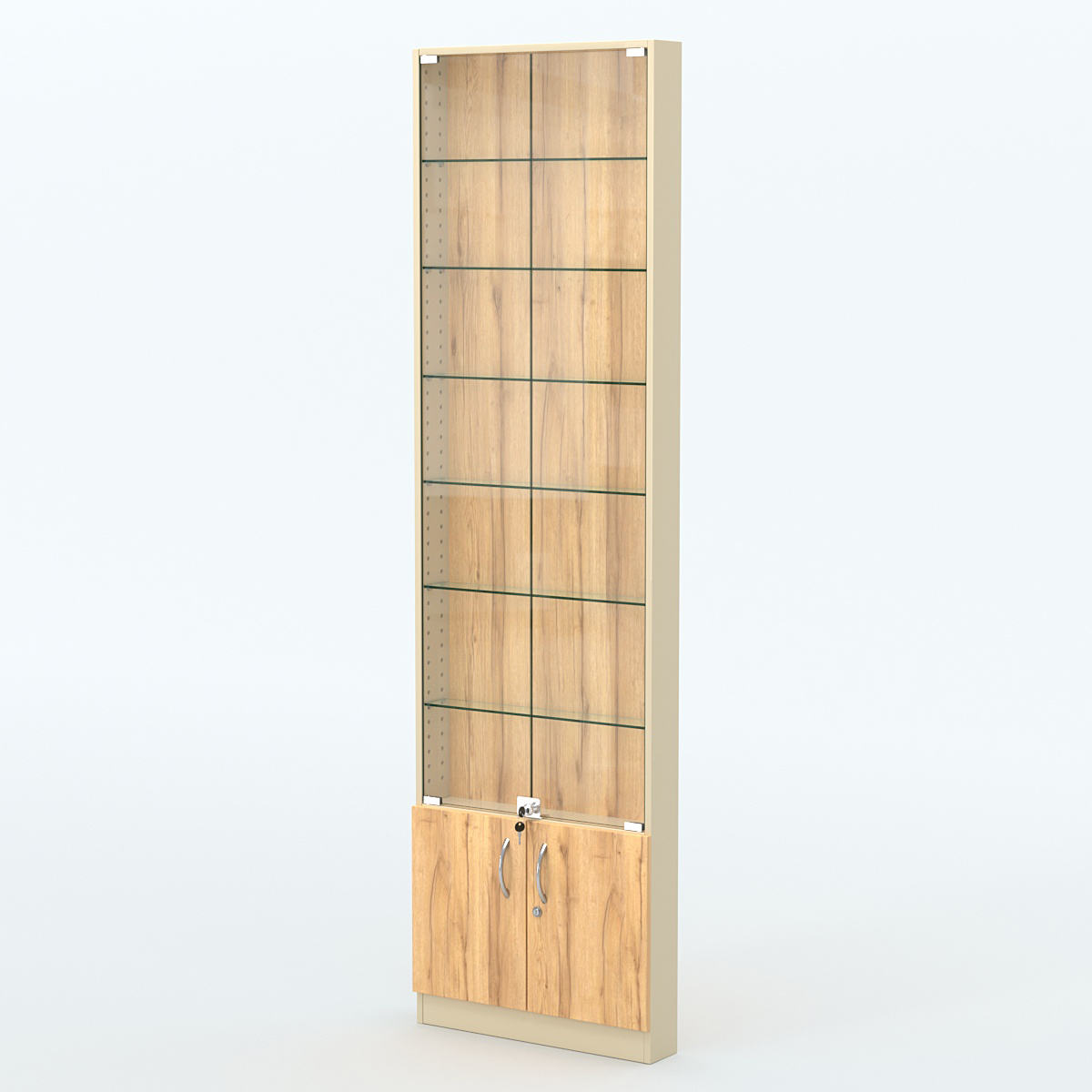 Торговая витрина с 6-ю стеклянными полками 100x600 мм серии NEXT-6 №1 (З/C - ДВП) Крем Вайс и Дуб Золотистый