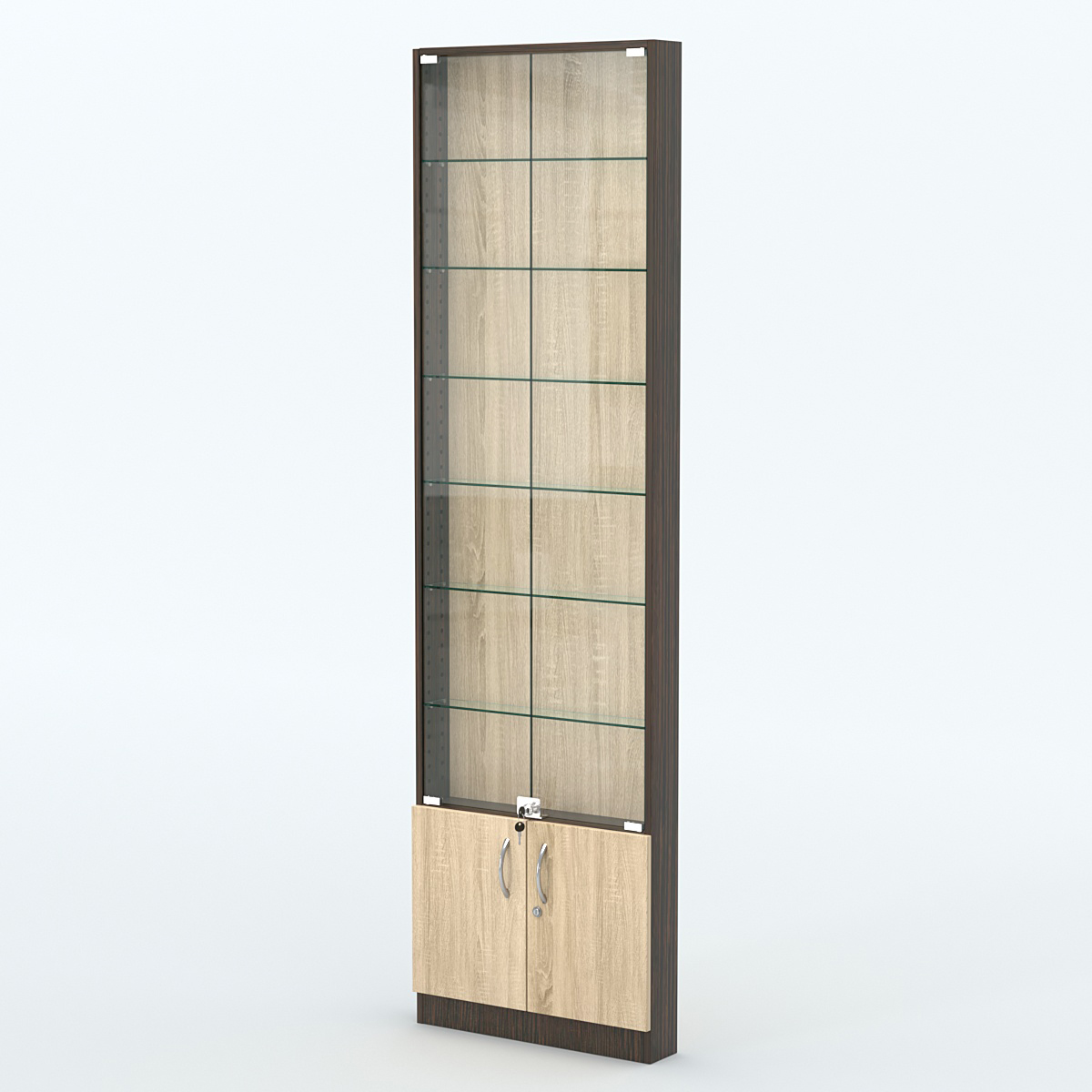 Торговая витрина с 6-ю стеклянными полками 100x600 мм серии NEXT-6 №1 (З/C - ДВП) Дуб Венге + Дуб Сонома