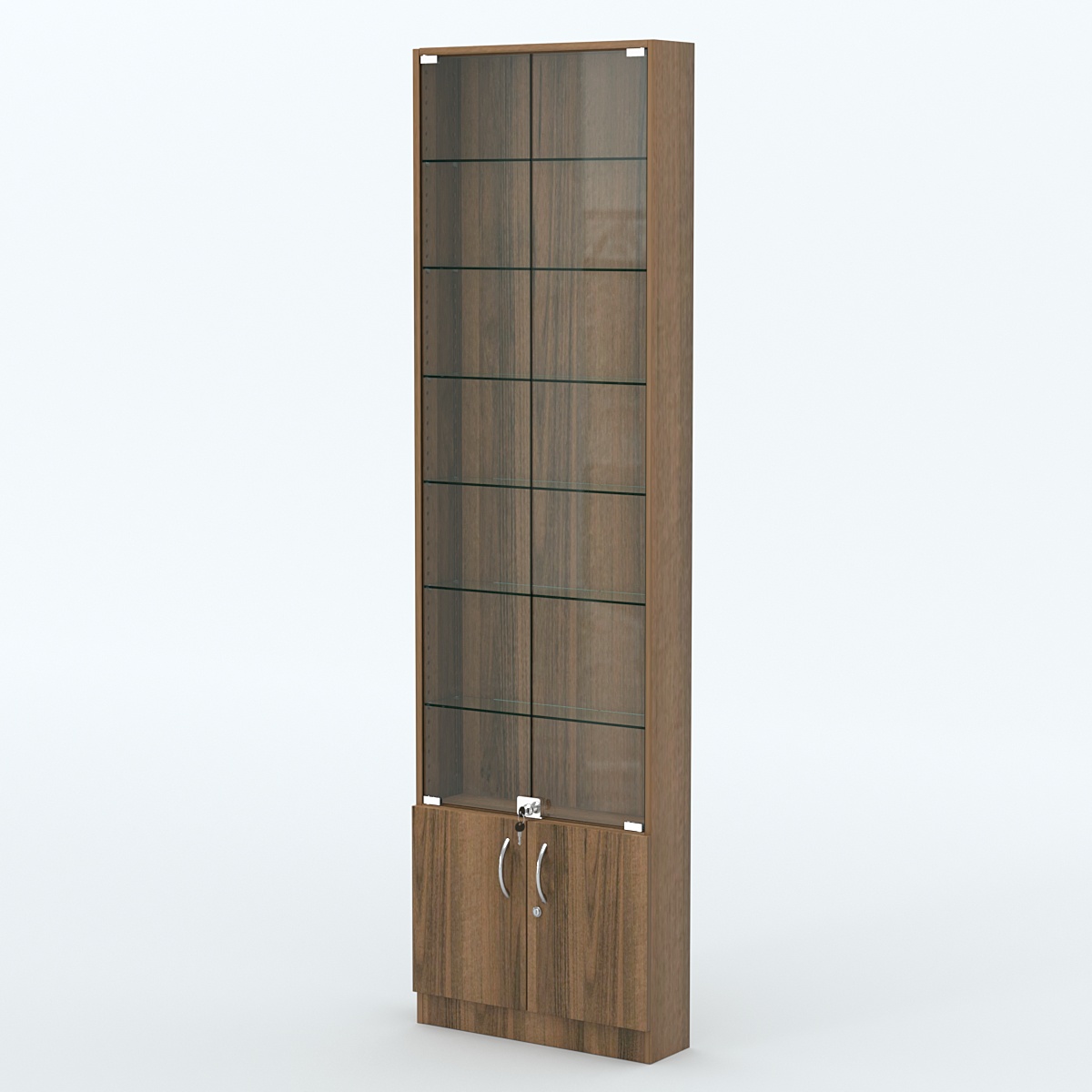 Торговая витрина с 6-ю стеклянными полками 150x600 мм серии NEXT-6 №2 (З/C - ДВП) Орех