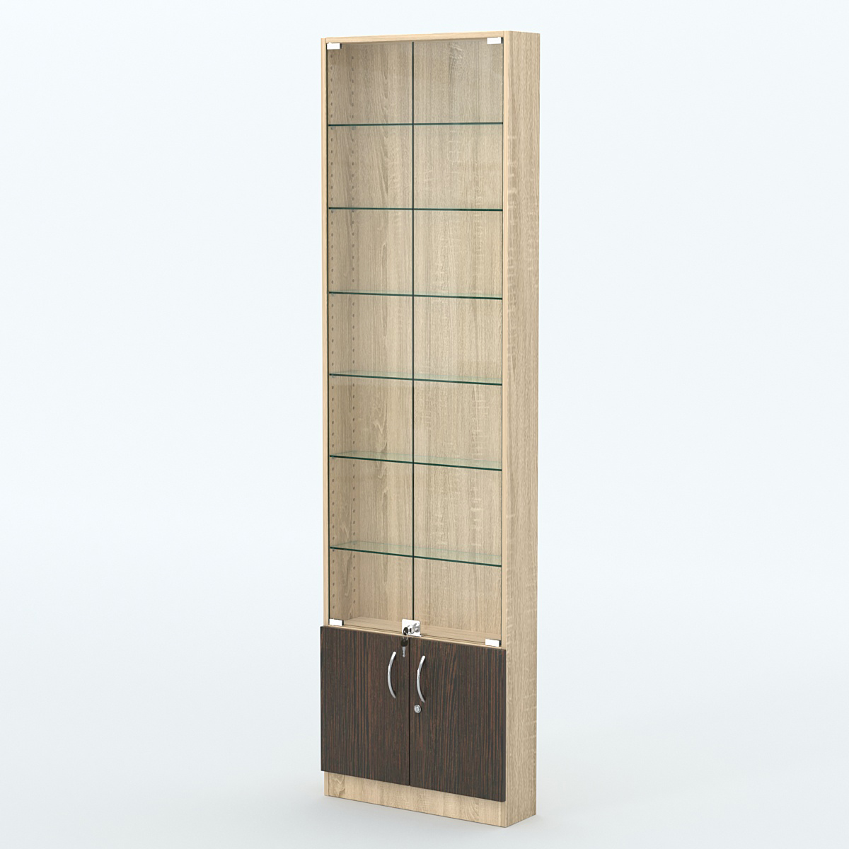 Торговая витрина с 6-ю стеклянными полками 150x600 мм серии NEXT-6 №2 (З/C - ДВП) Дуб Сонома + Дуб Венге