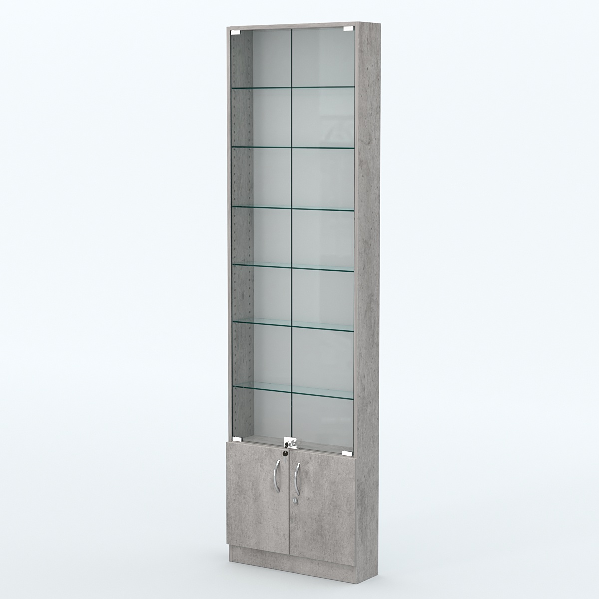 Торговая витрина с 6-ю стеклянными полками 150x600 мм серии NEXT-6 №2 (З/C - ДВП) Бетон Чикаго светло-серый F186 ST9