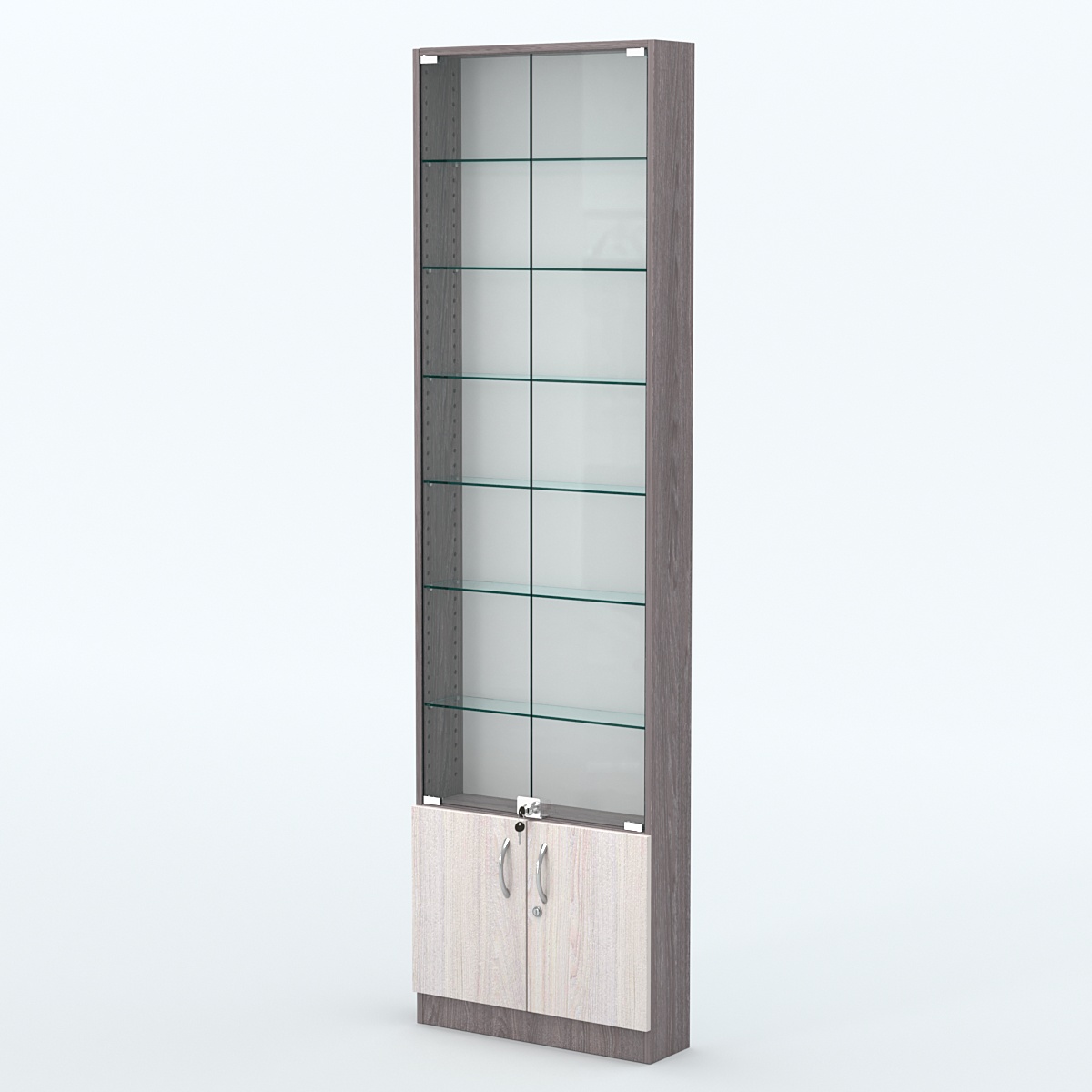 Торговая витрина с 6-ю стеклянными полками 150x600 мм серии NEXT-6 №2 (З/C - ДВП) Ясень Анкор темный + Ясень Анкор светлый