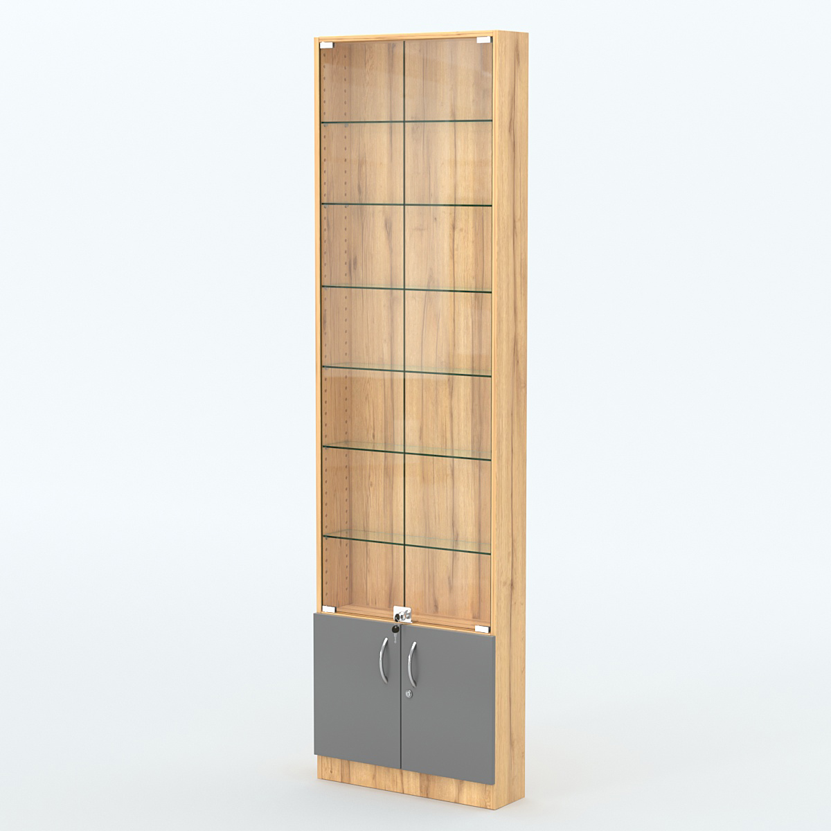 Торговая витрина с 6-ю стеклянными полками 150x600 мм серии NEXT-6 №2 (З/C - ДВП) Дуб Золотистый и Темно-Серый