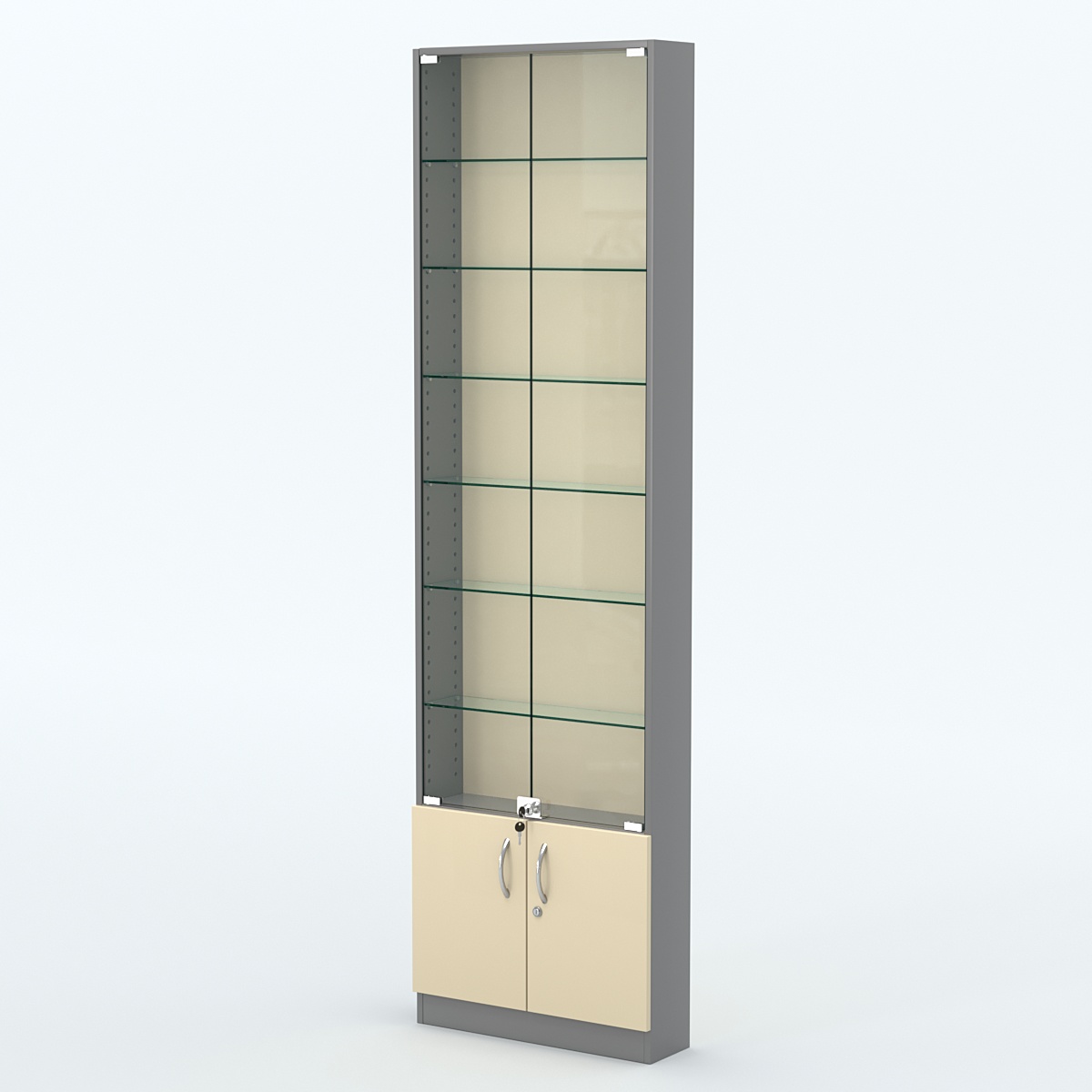 Торговая витрина с 6-ю стеклянными полками 150x600 мм серии NEXT-6 №2 (З/C - ДВП) Темно-серый + Крем Вайс