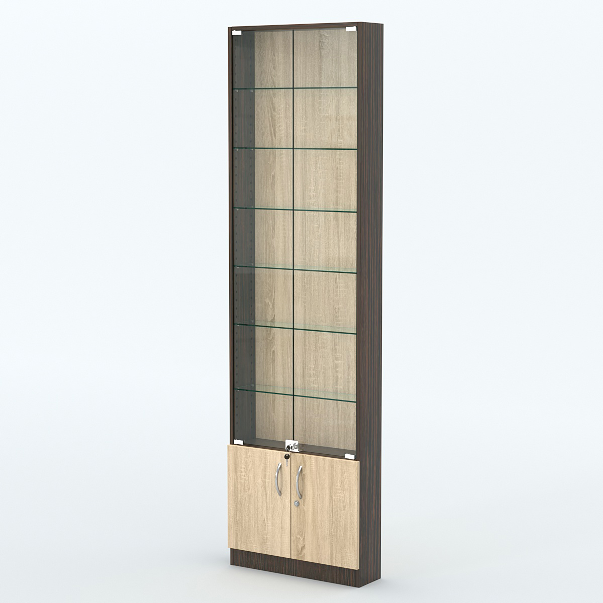 Торговая витрина с 6-ю стеклянными полками 150x600 мм серии NEXT-6 №2 (З/C - ДВП) Дуб Венге + Дуб Сонома