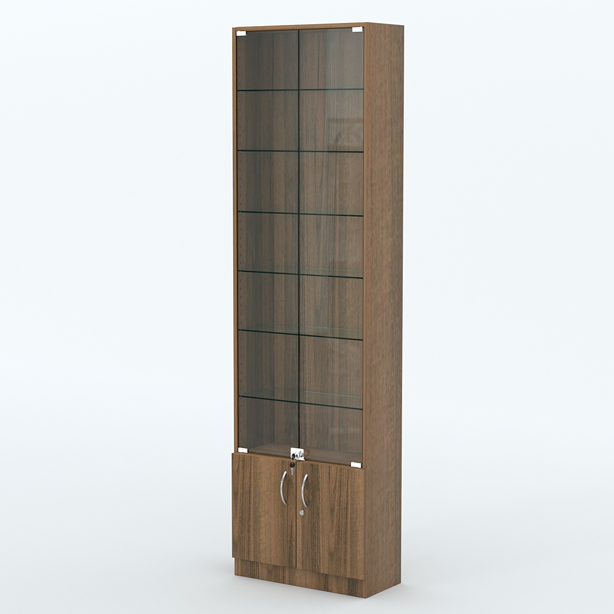 Торговая витрина с 6-ю стеклянными полками 250x600 мм серии NEXT-6 №4 (З/C - ДВП) Орех