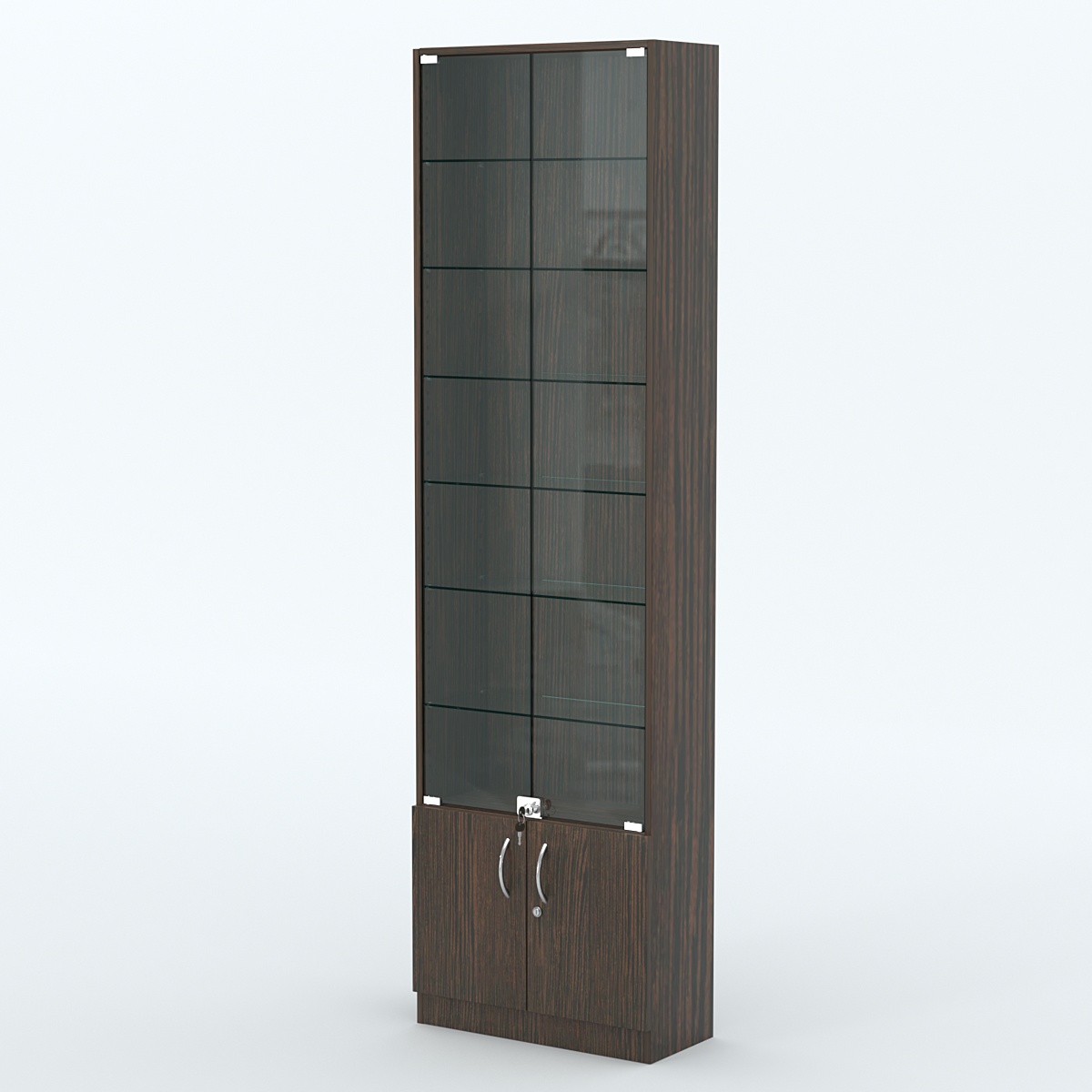 Торговая витрина с 6-ю стеклянными полками 250x600 мм серии NEXT-6 №4 (З/C - ДВП) Дуб Венге