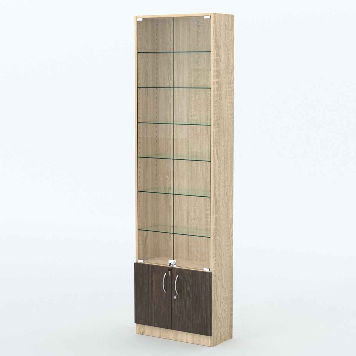 Торговая витрина с 6-ю стеклянными полками 250x600 мм серии NEXT-6 №4 (З/C - ДВП) Дуб Сонома + Дуб Венге