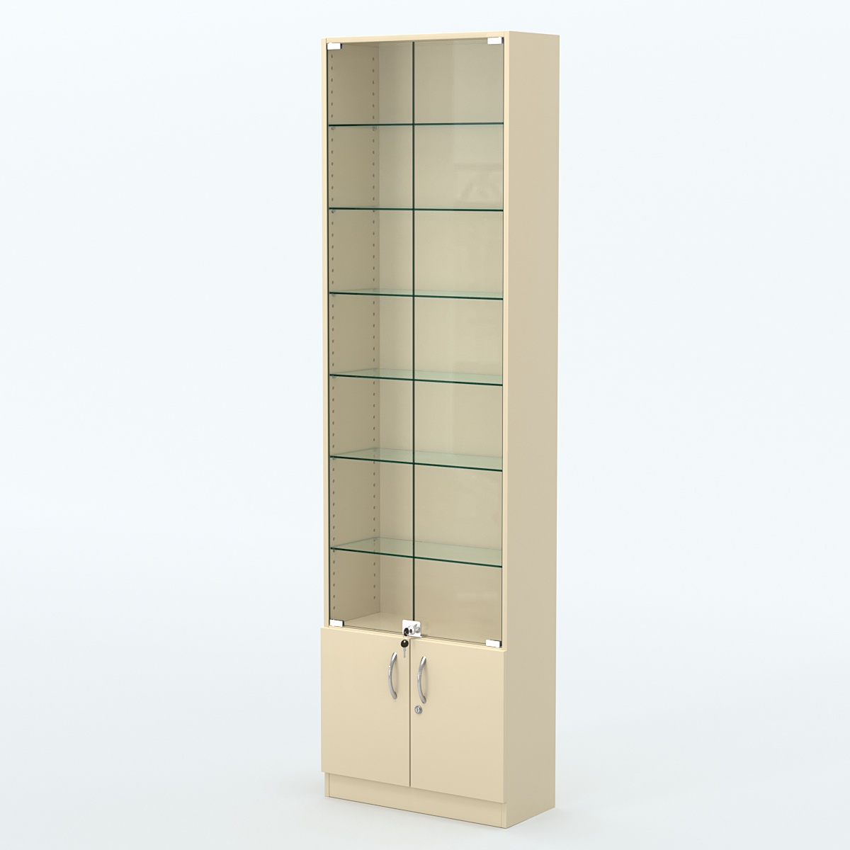 Торговая витрина с 6-ю стеклянными полками 250x600 мм серии NEXT-6 №4 (З/C - ДВП) Крем Вайс