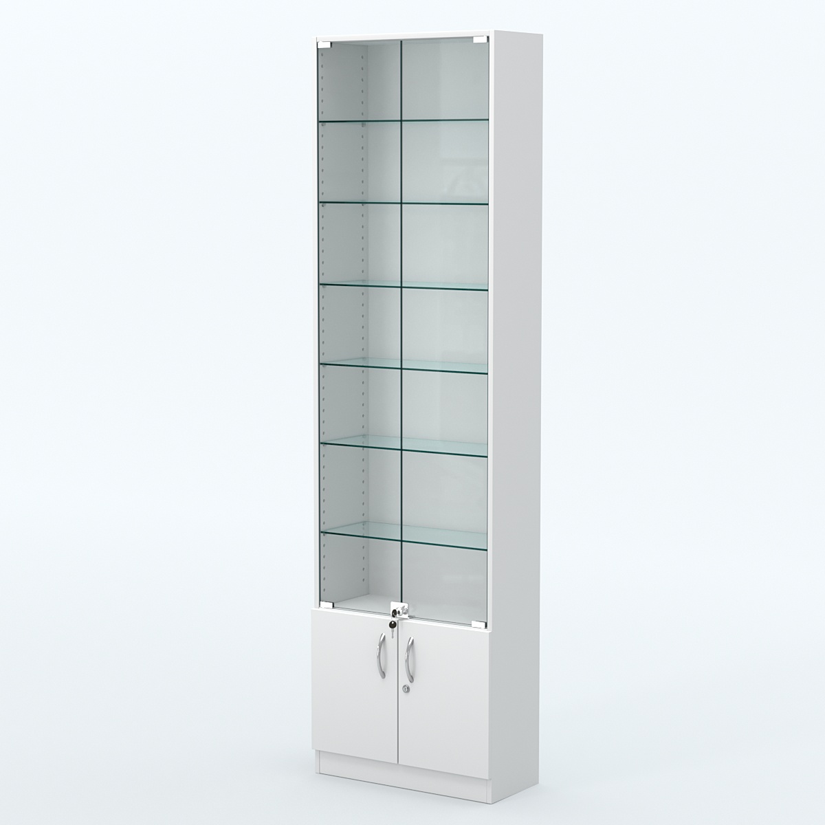 Торговая витрина с 6-ю стеклянными полками 250x600 мм серии NEXT-6 №4 (З/C - ДВП) Белый