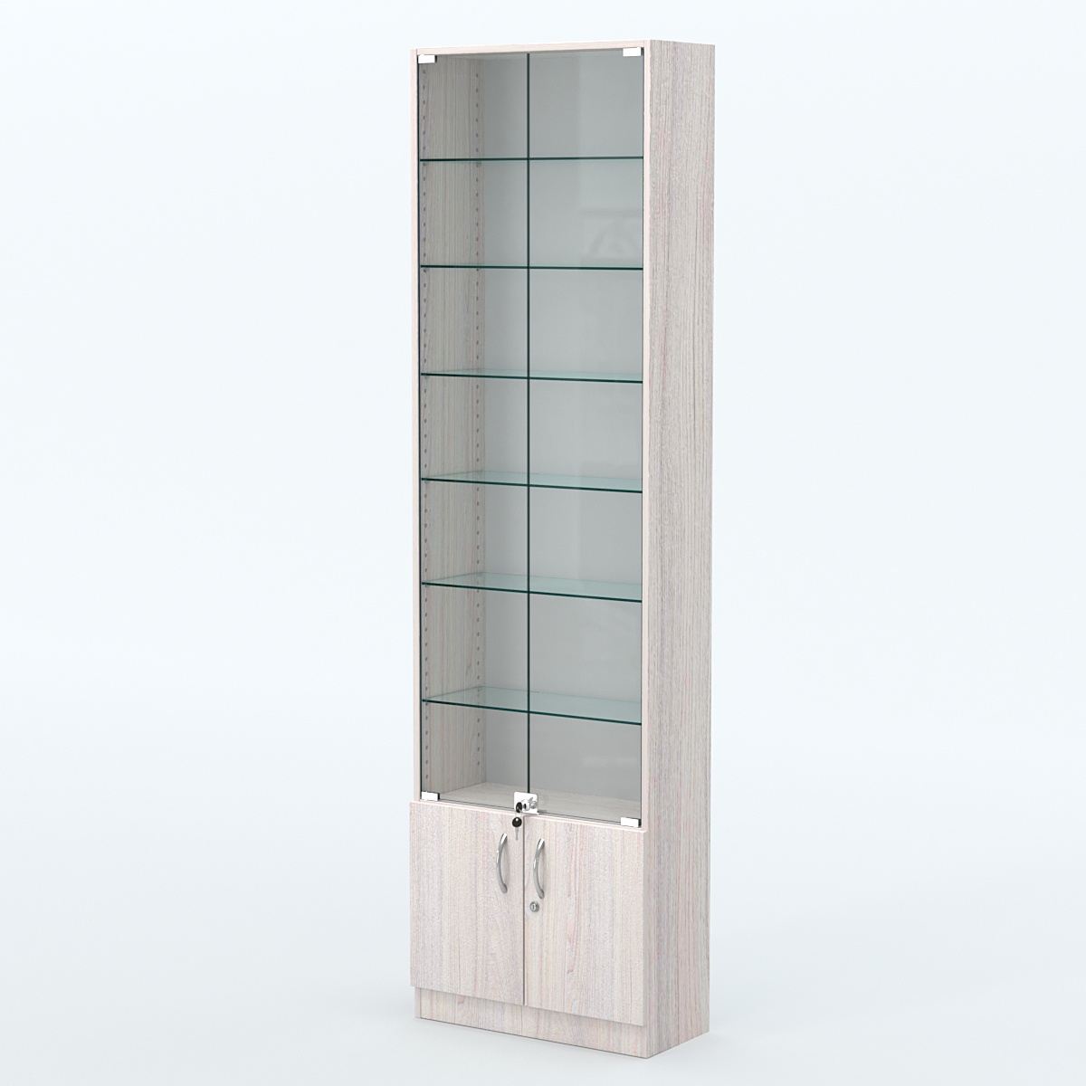 Торговая витрина с 6-ю стеклянными полками 250x600 мм серии NEXT-6 №4 (З/C - ДВП) Ясень Анкор светлый