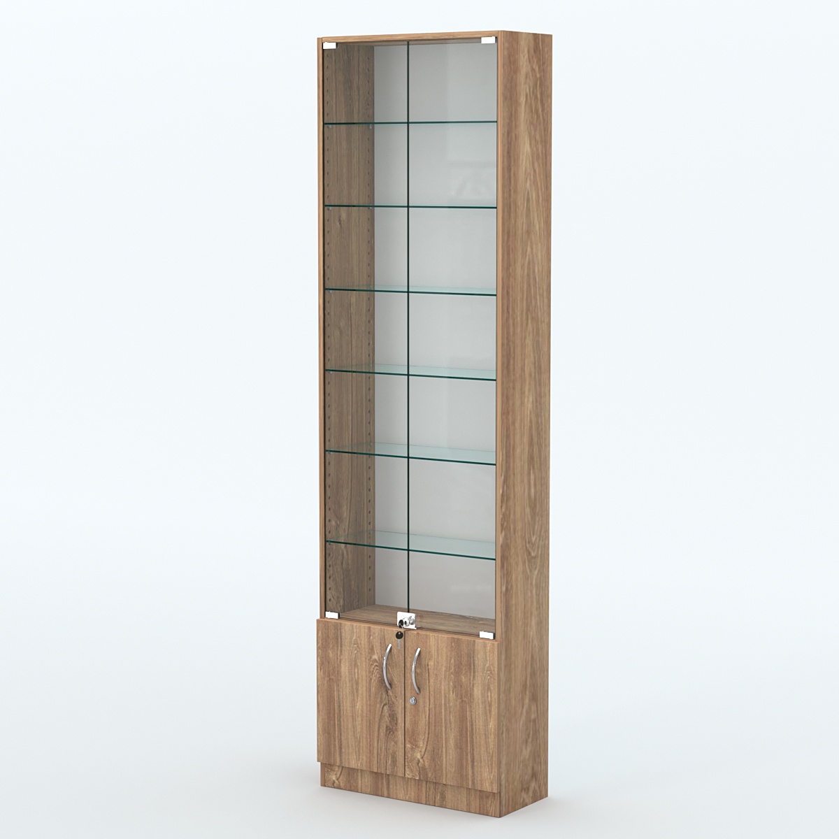 Торговая витрина с 6-ю стеклянными полками 250x600 мм серии NEXT-6 №4 (З/C - ДВП) Дуб Канзас коричневый