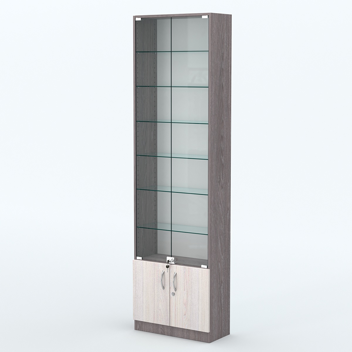 Торговая витрина с 6-ю стеклянными полками 250x600 мм серии NEXT-6 №4 (З/C - ДВП) Ясень Анкор темный + Ясень Анкор светлый