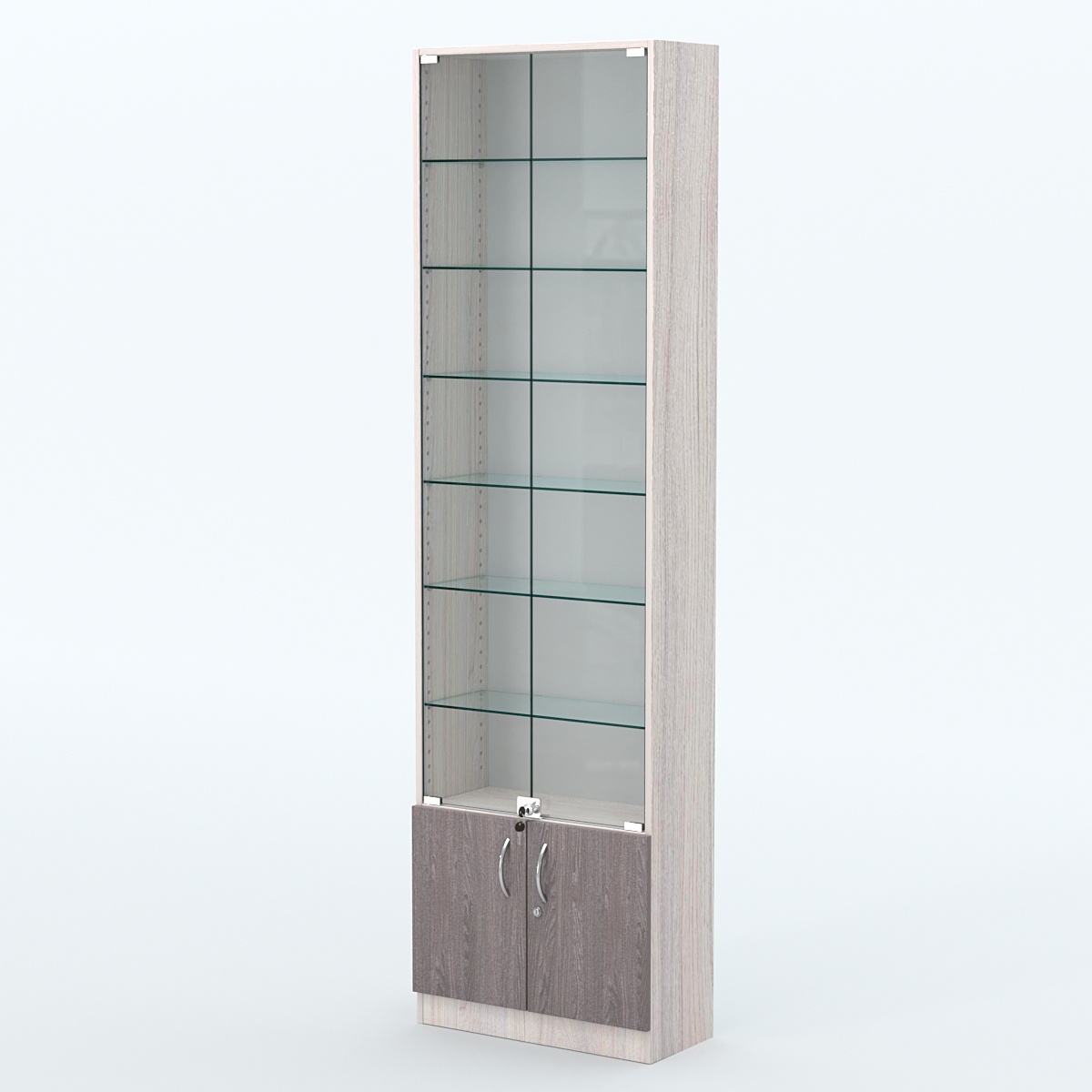 Торговая витрина с 6-ю стеклянными полками 250x600 мм серии NEXT-6 №4 (З/C - ДВП) Ясень Анкор светлый + Ясень Анкор темный