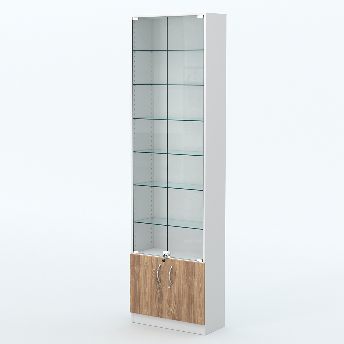 Торговая витрина с 6-ю стеклянными полками 250x600 мм серии NEXT-6 №4 (З/C - ДВП) Белый + Дуб канзас коричневый